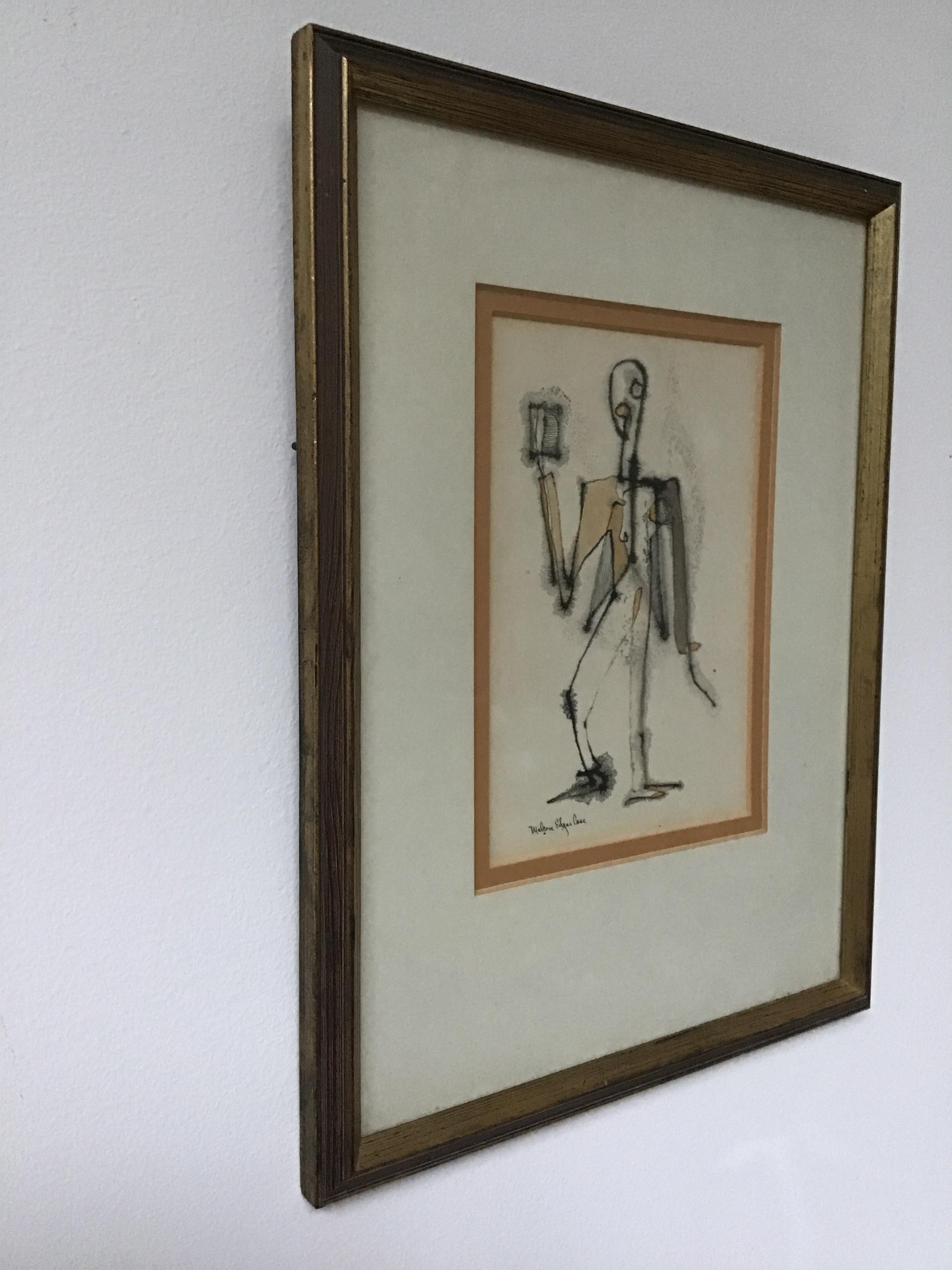 1950s Malcom Edgar Case Ink and Watercolor on Paper of a Man In Good Condition In Tarrytown, NY
