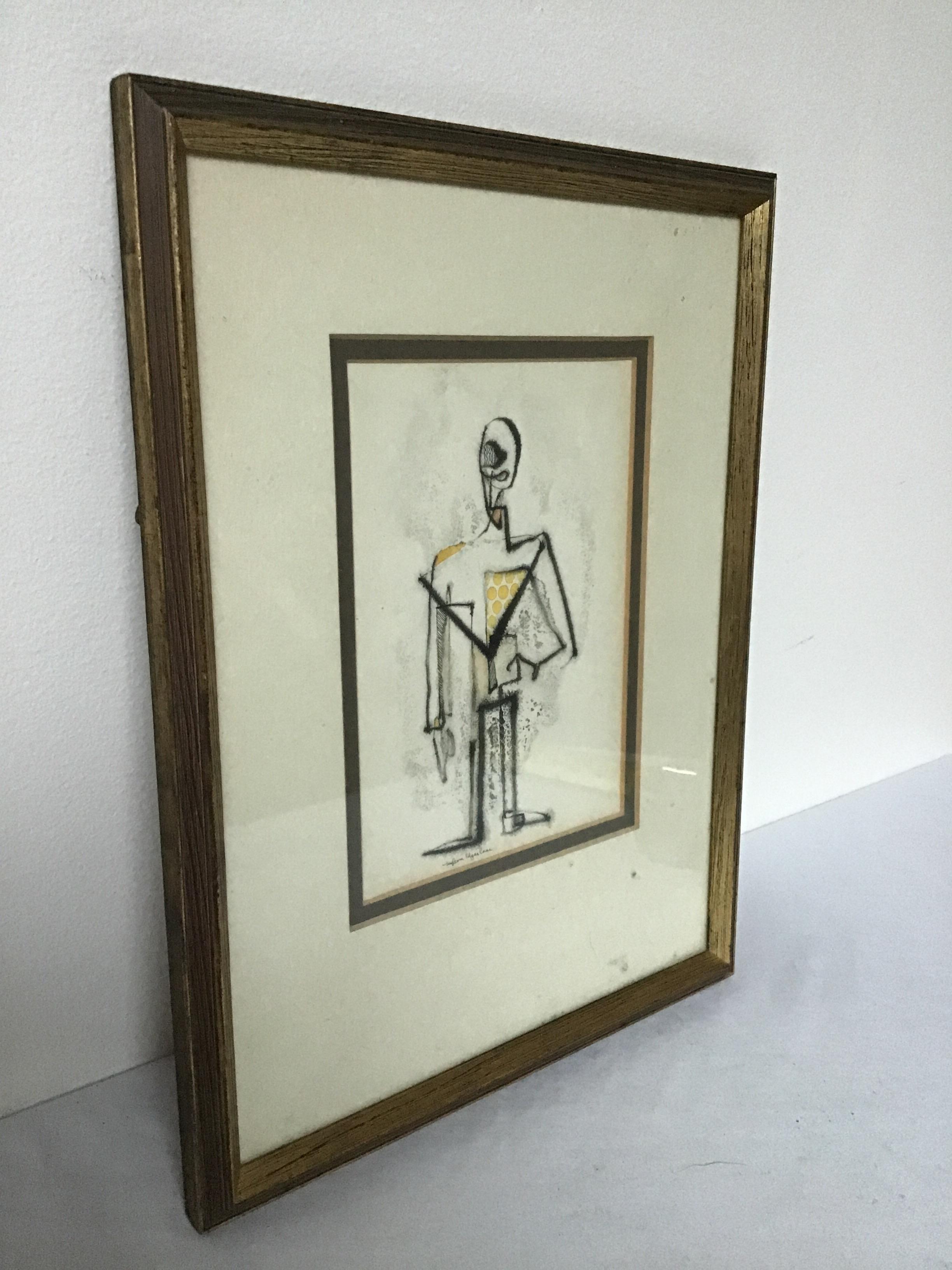 1950s Malcom Edgar Case Ink and Watercolor on Paper of a Man In Good Condition In Tarrytown, NY