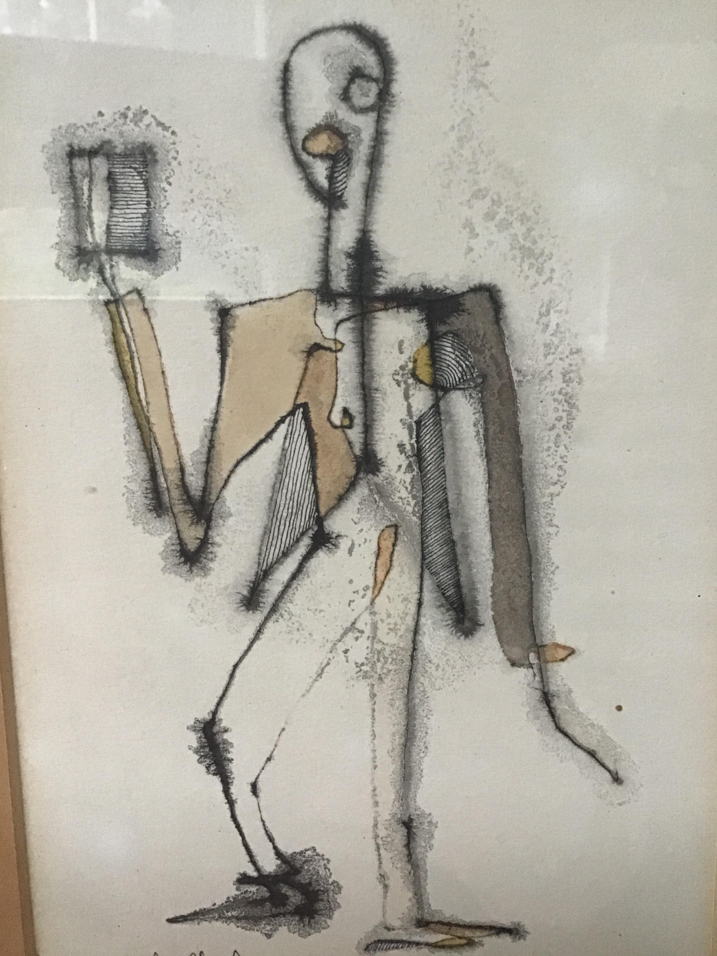 Mid-20th Century 1950s Malcom Edgar Case Ink and Watercolor on Paper of a Man