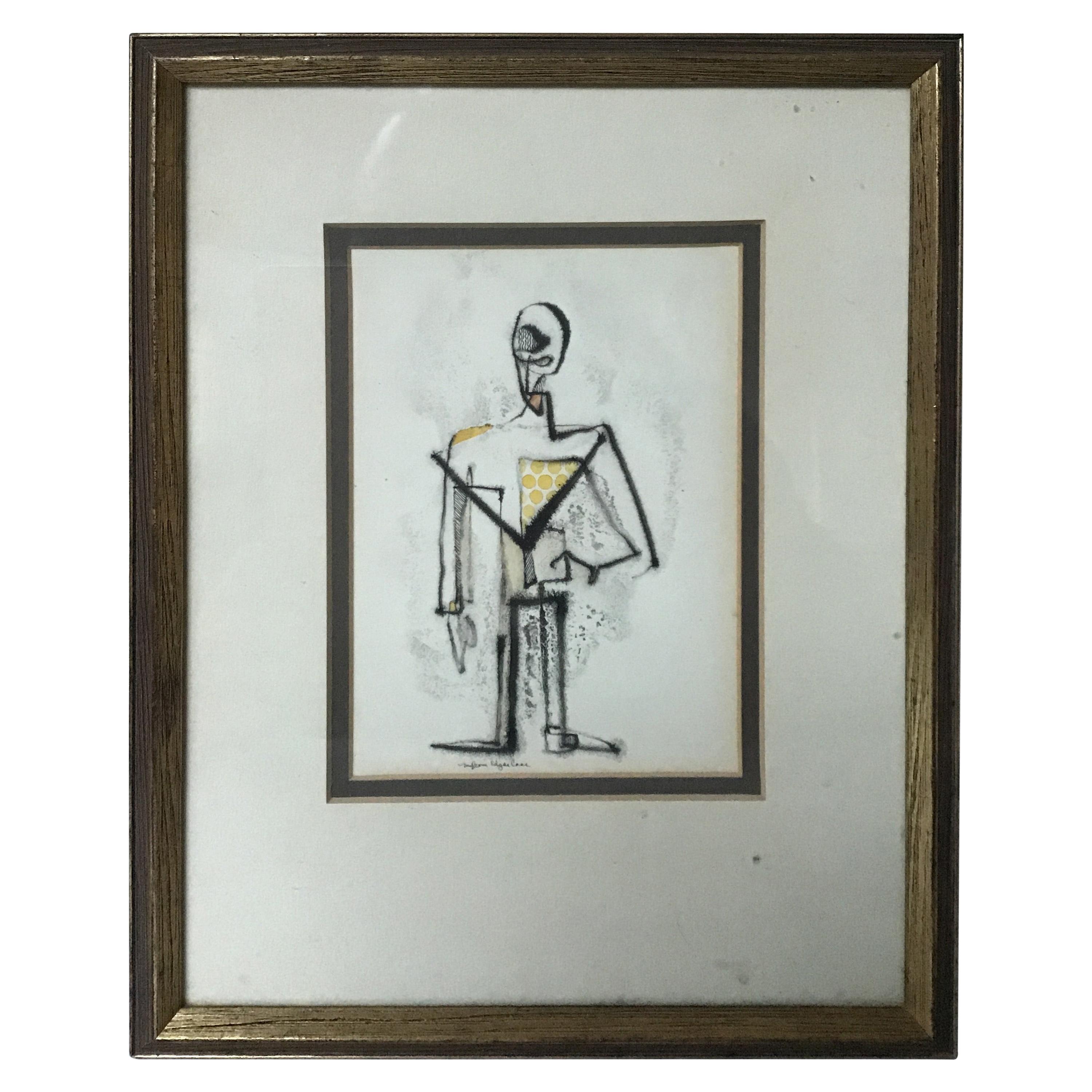 1950s Malcom Edgar Case Ink and Watercolor on Paper of a Man