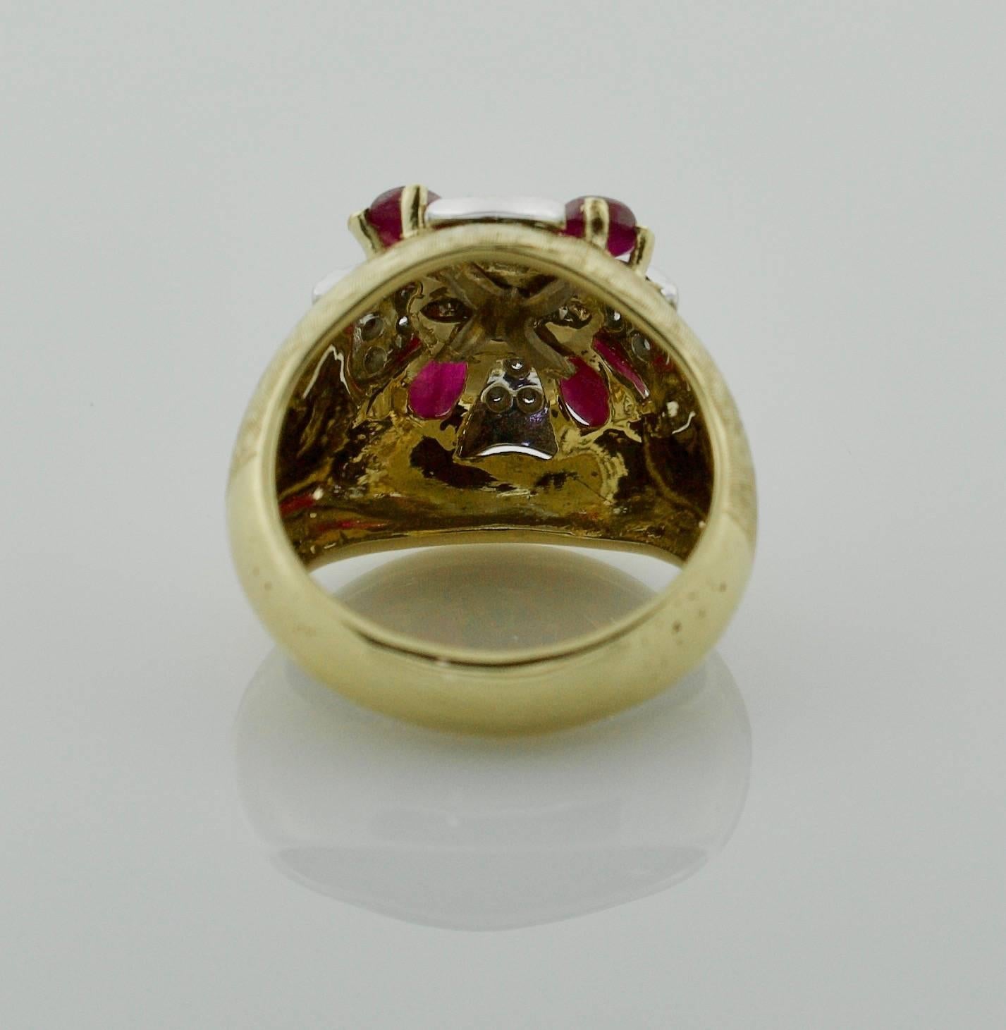 Pear Cut 1950s Maltese Cross Diamond and Ruby Ring in 18 Karat 