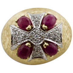 1950s Maltese Cross Diamond and Ruby Ring in 18 Karat "Live in Truth"