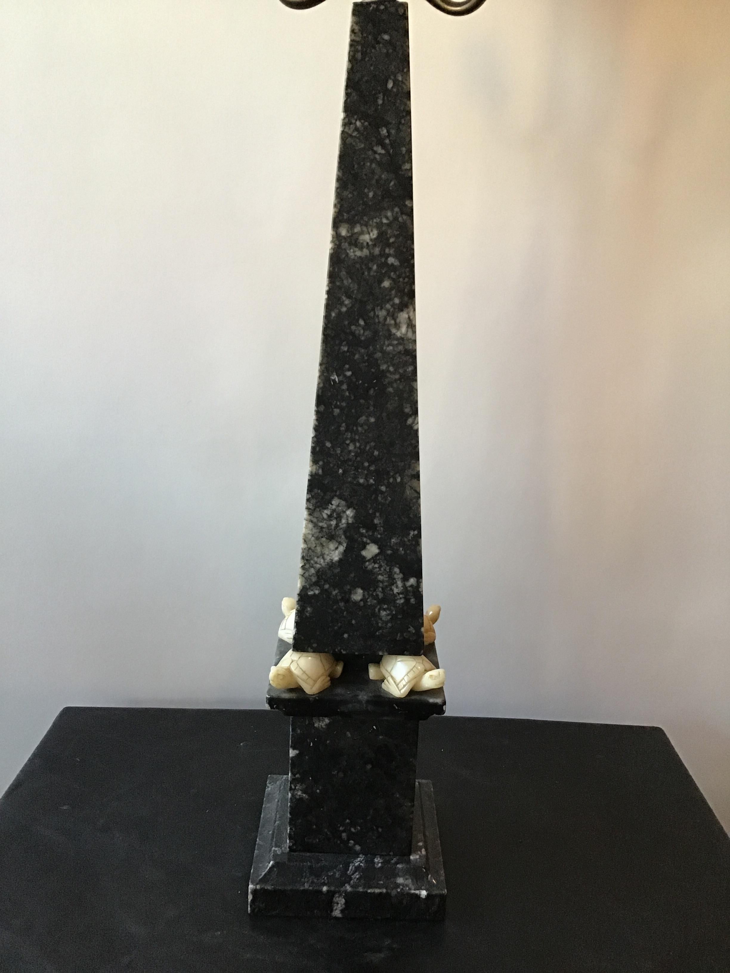 1950s marble obelisk lamp with jade turtles.