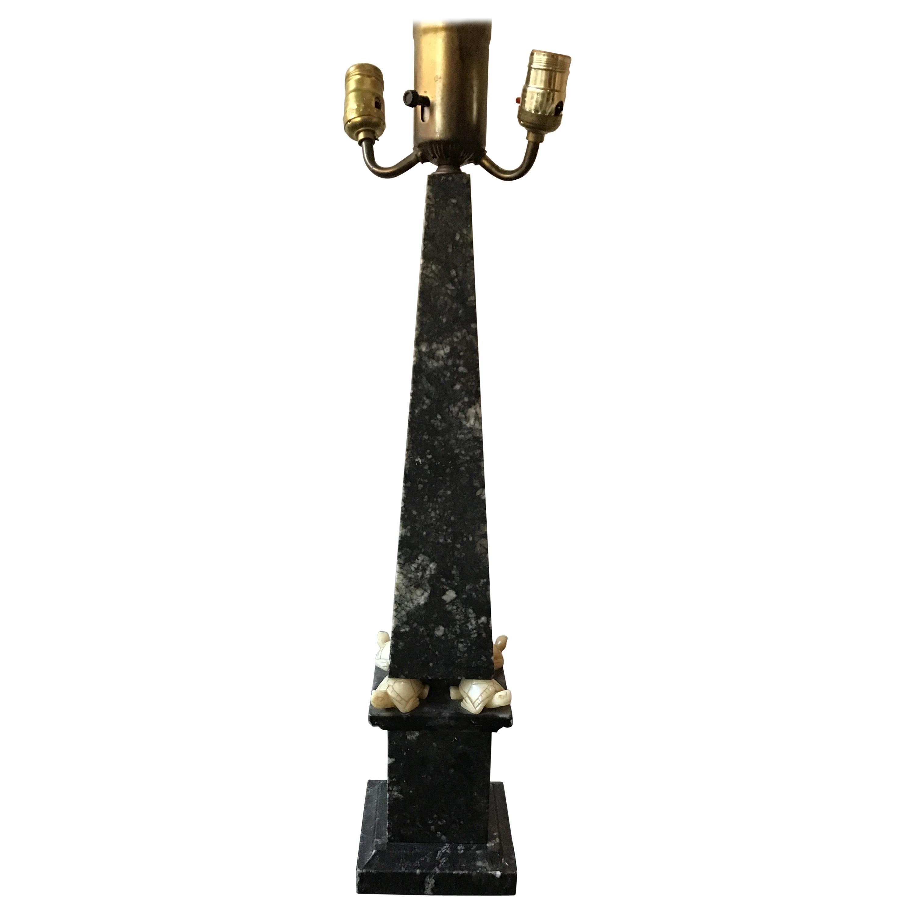 1950s Marble Obelisk Lamp with Jade Turtles For Sale