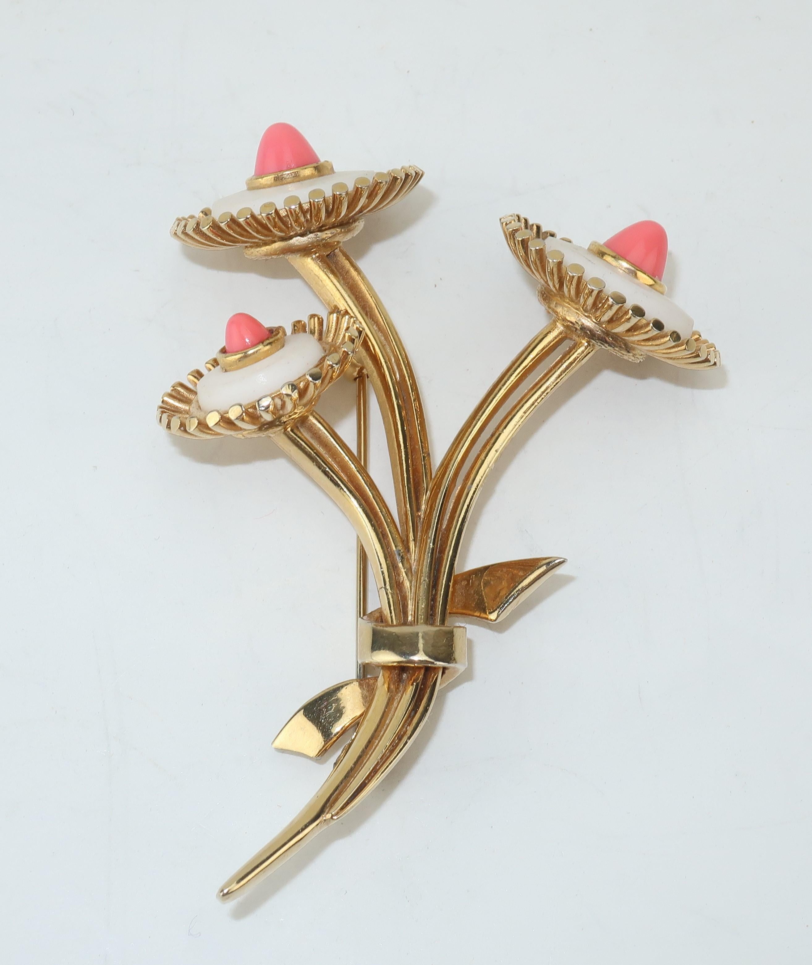 Retro 1950's Marcel Boucher Gold Tone Coral Flower Brooch