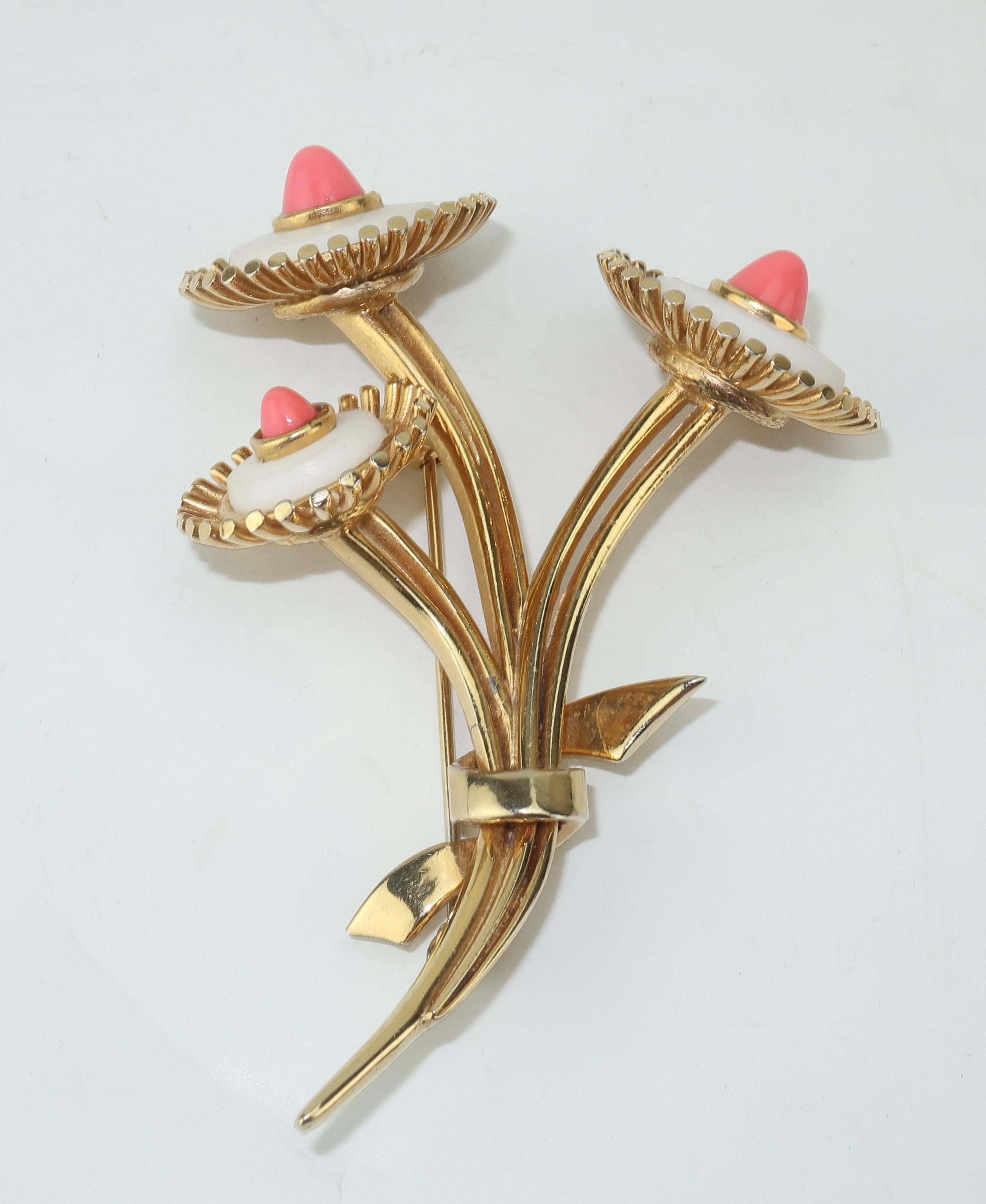 1950's Marcel Boucher Gold Tone Coral Flower Brooch In Good Condition In Atlanta, GA