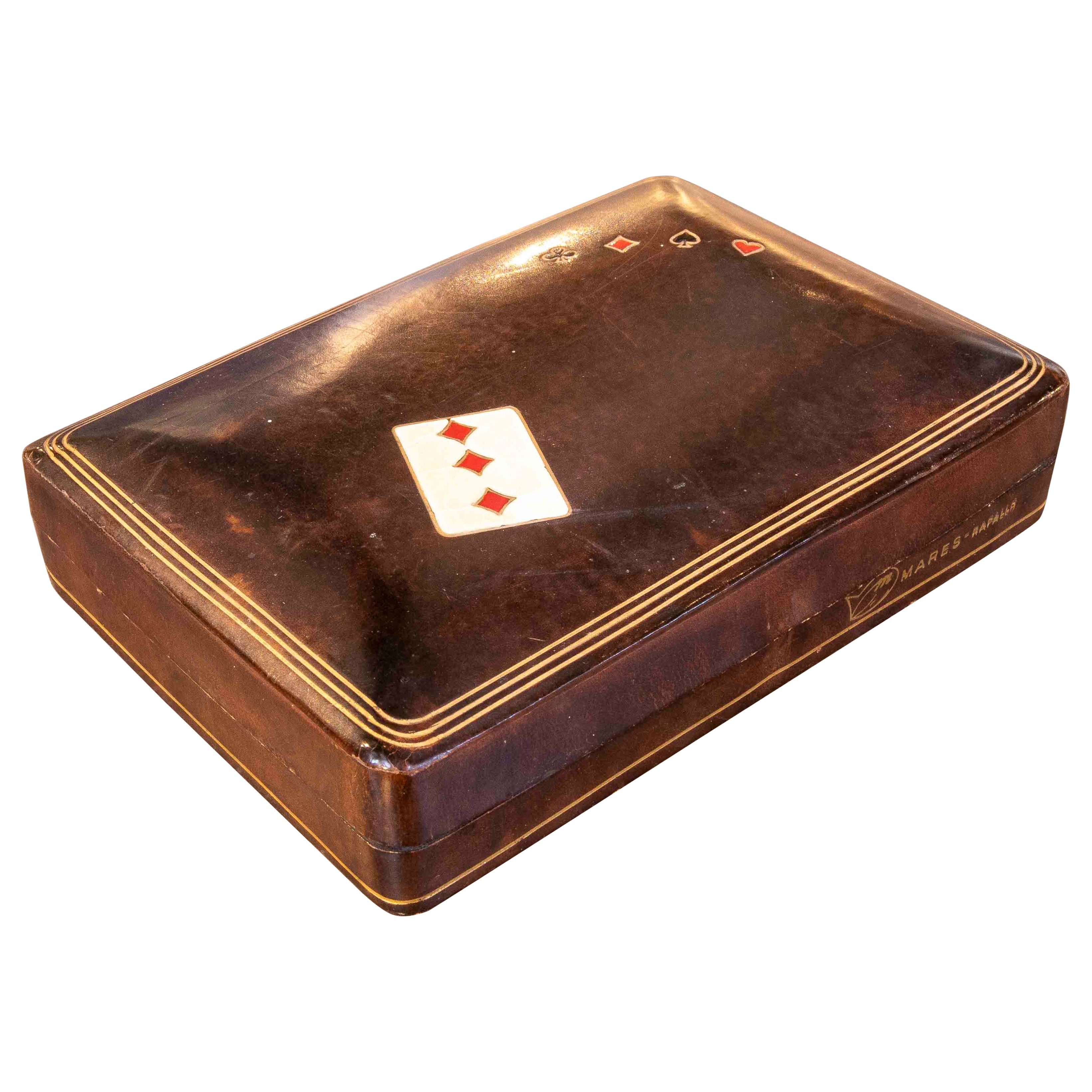 1950s Mares-Rapallá Leather Playing Card Box with a Playing Card Motif, Spain. For Sale