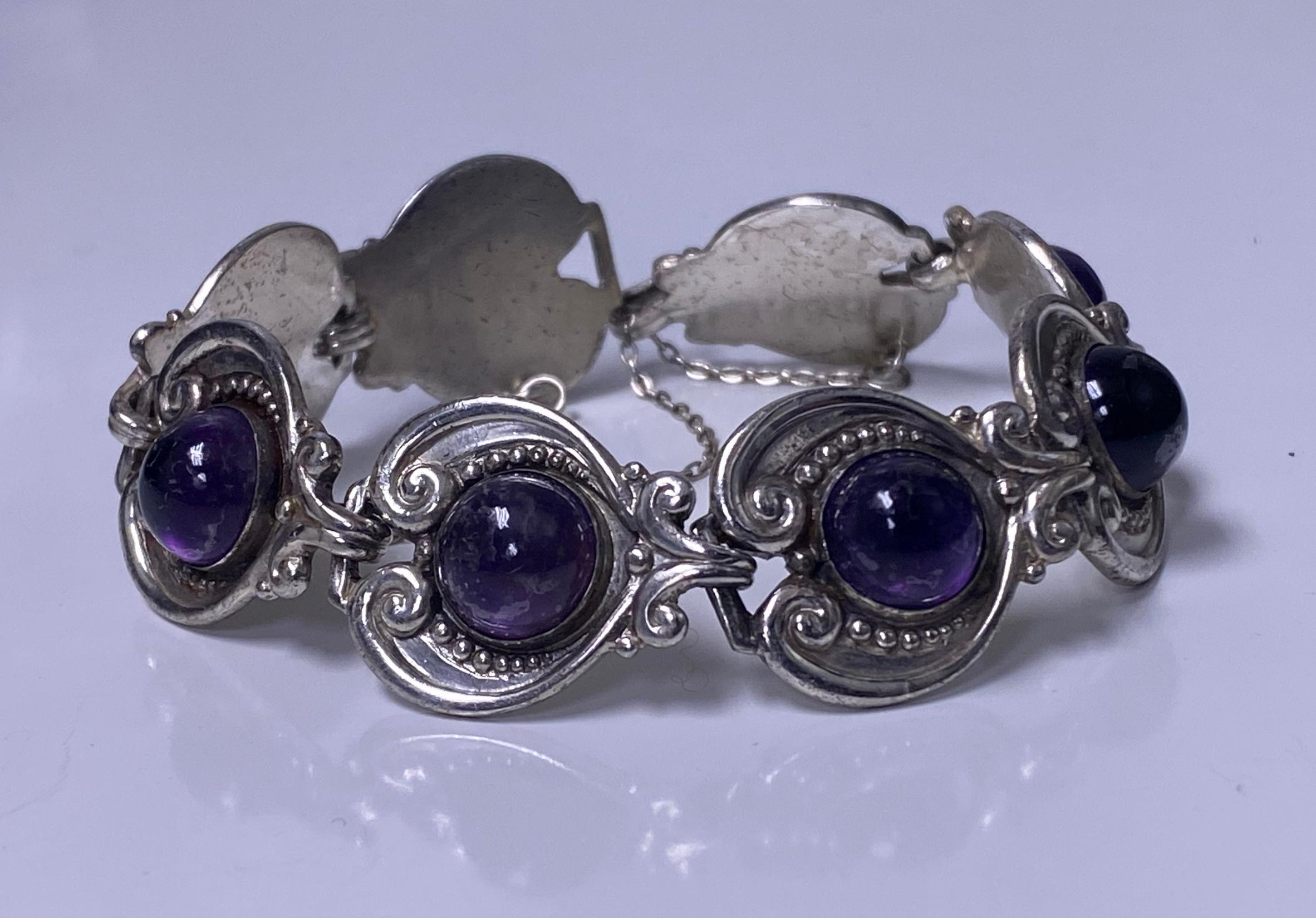 Modernist 1950's Margot de Taxco Sterling Silver Amethyst Bracelet