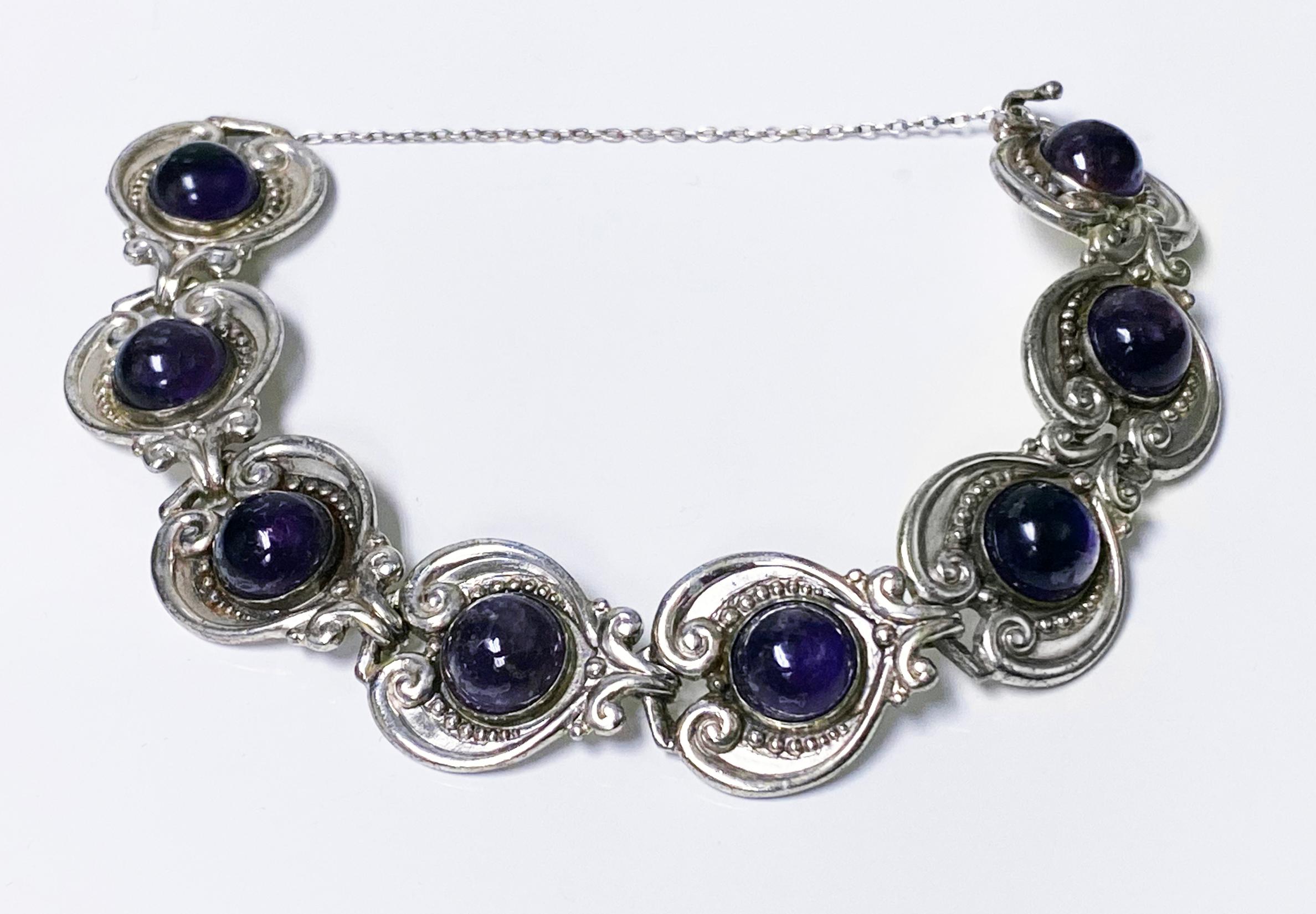 Cabochon 1950's Margot de Taxco Sterling Silver Amethyst Bracelet