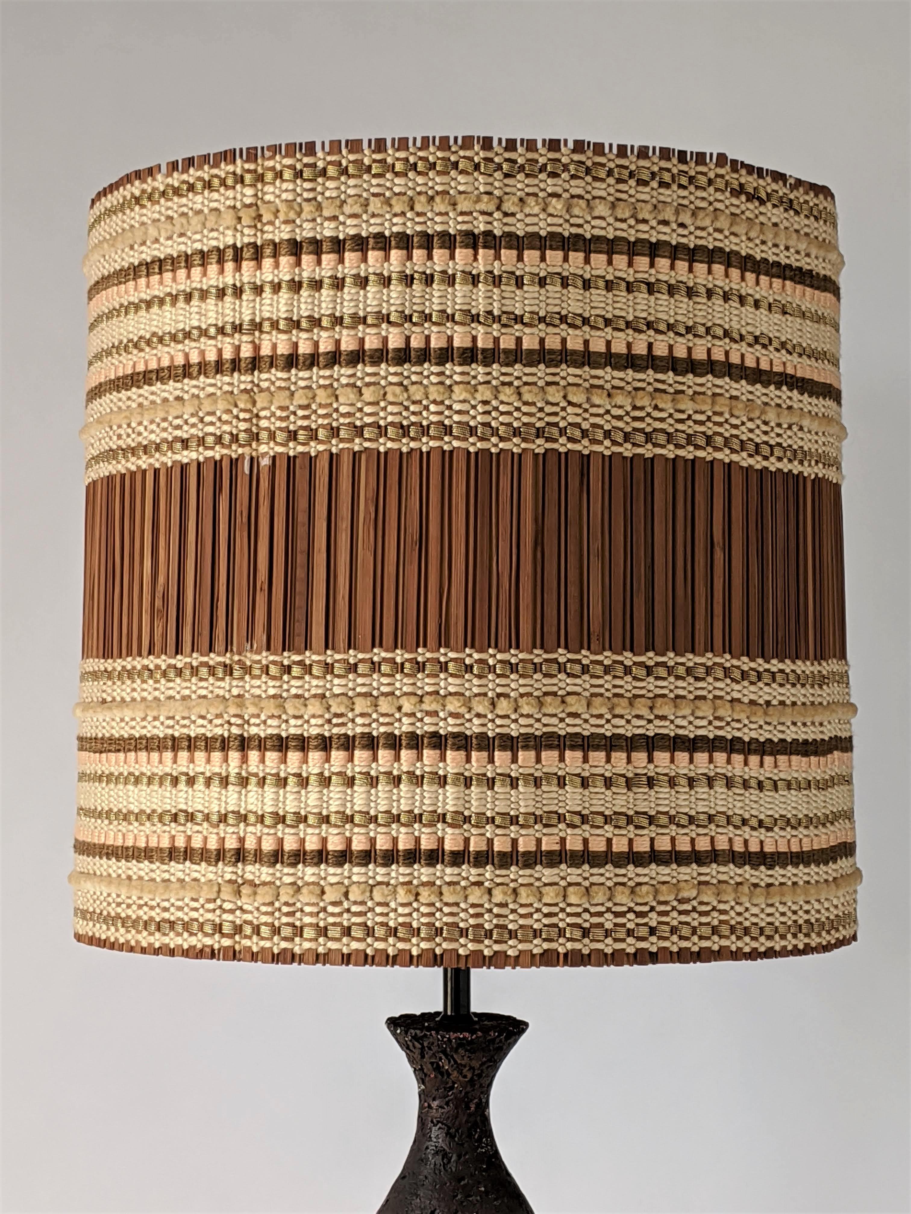 Maria Kipp chenille woven shade sitting on a well assorted US made chalkware table lamp by Quartite Creative Corp. 

Shade measure 17 in. wide by 16 in. high. 

Contain one E26 size socket rated at 100 watt. 

Switch on socket.
 
