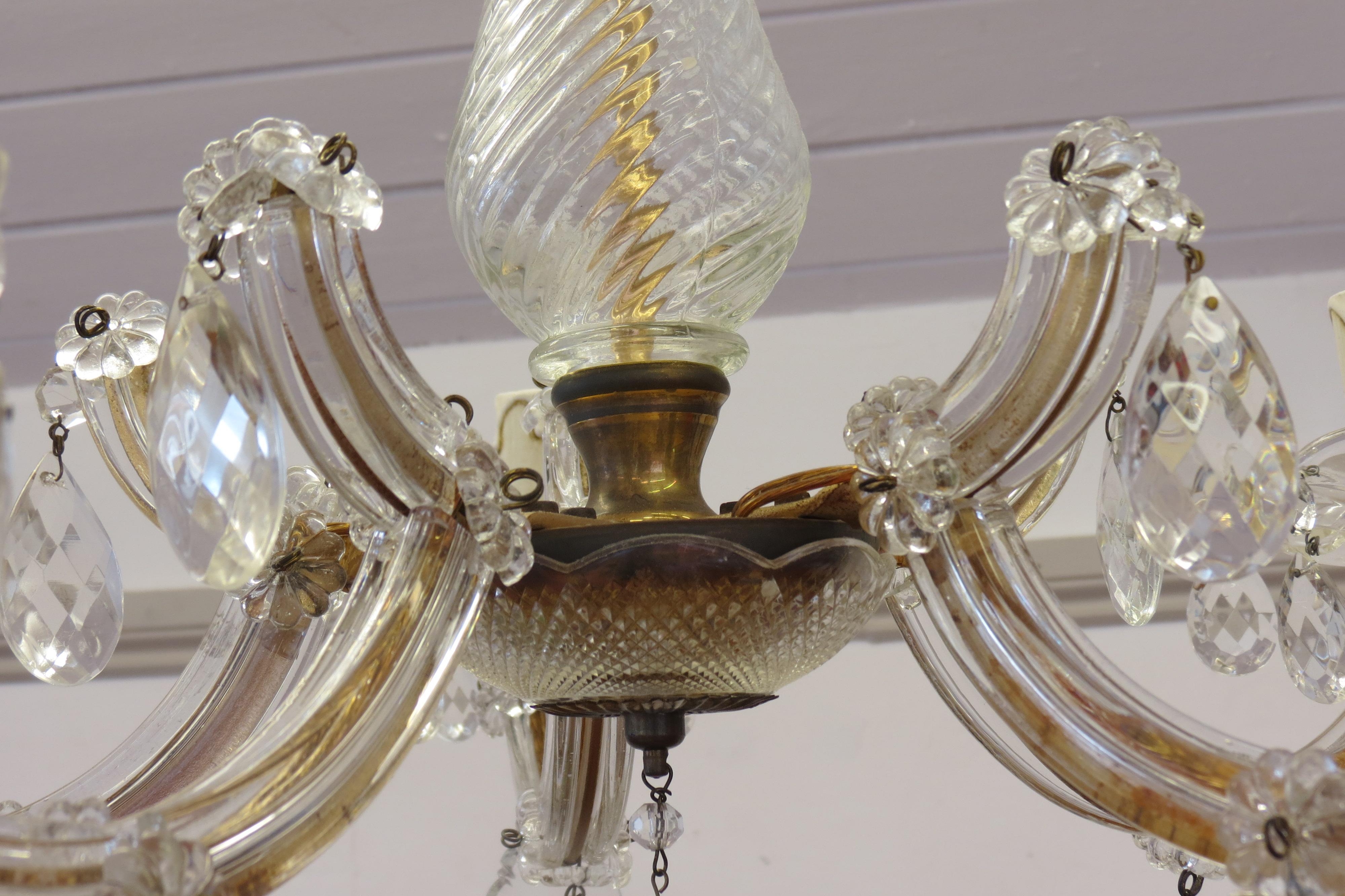 Rococo 1950s Maria Theresa Glass Crystal Leaves 5-Light Glass Chandelier