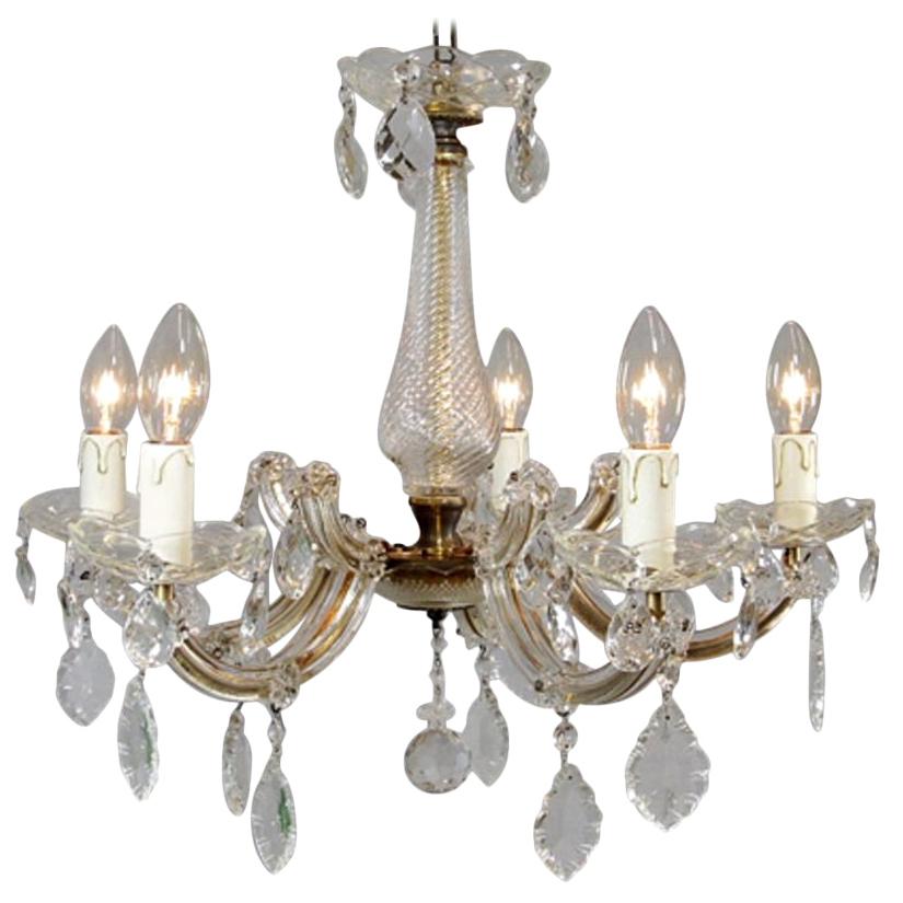 1950s Maria Theresa Glass Crystal Leaves 5-Light Glass Chandelier