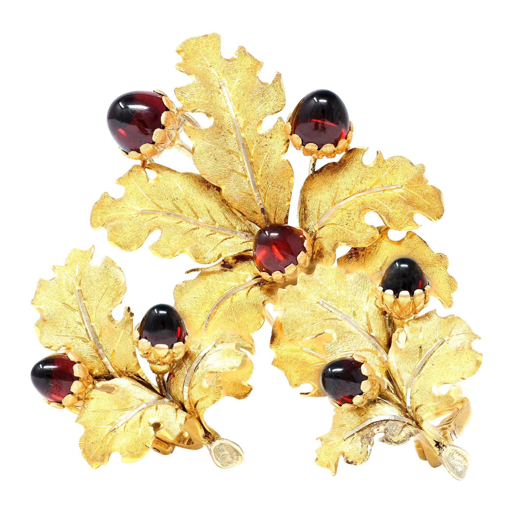 1950s Mario Buccellati Garnet and Gold Acorn and Leaf Brooch and Earclips