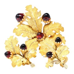 Vintage 1950s Mario Buccellati Garnet and Gold Acorn and Leaf Brooch and Earclips