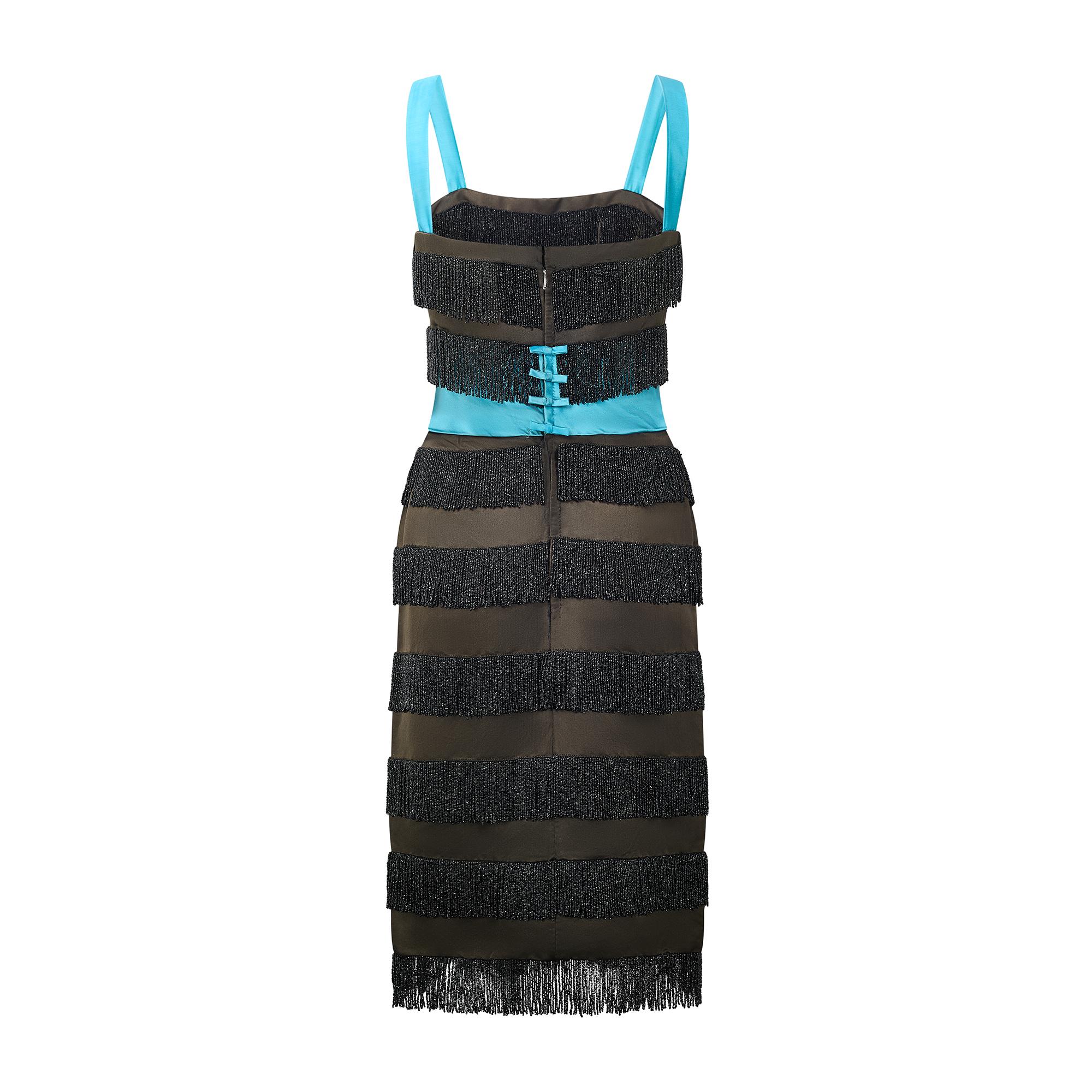 Noir 1950s Martha Boutique Robe à pompon perlé noir et turquoise en vente