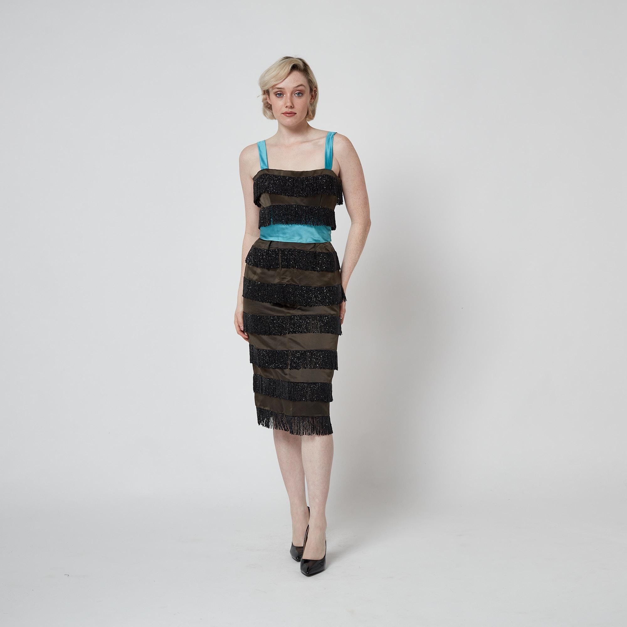 1950s Martha Boutique Robe à pompon perlé noir et turquoise en vente 1