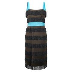 1950s Martha Boutique Black and Turquoise Beaded Tassel Dress