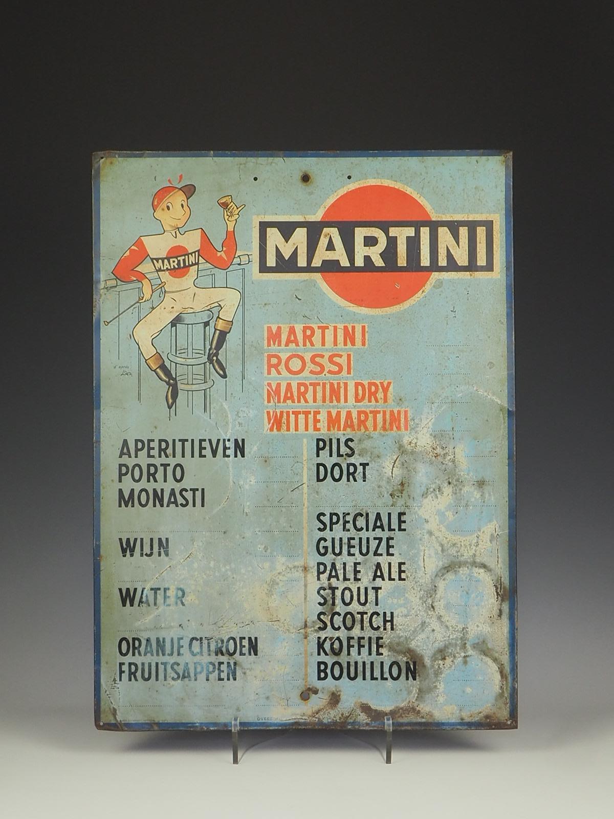 Description

1950s Martini Advertising Drinks Sign Jockey Leon

This plate was used to display the price of drinks.

Rare bistro-themed plate from the late 1950s, is quite hard to find these days

This painted sheet metal plate was illustrated by