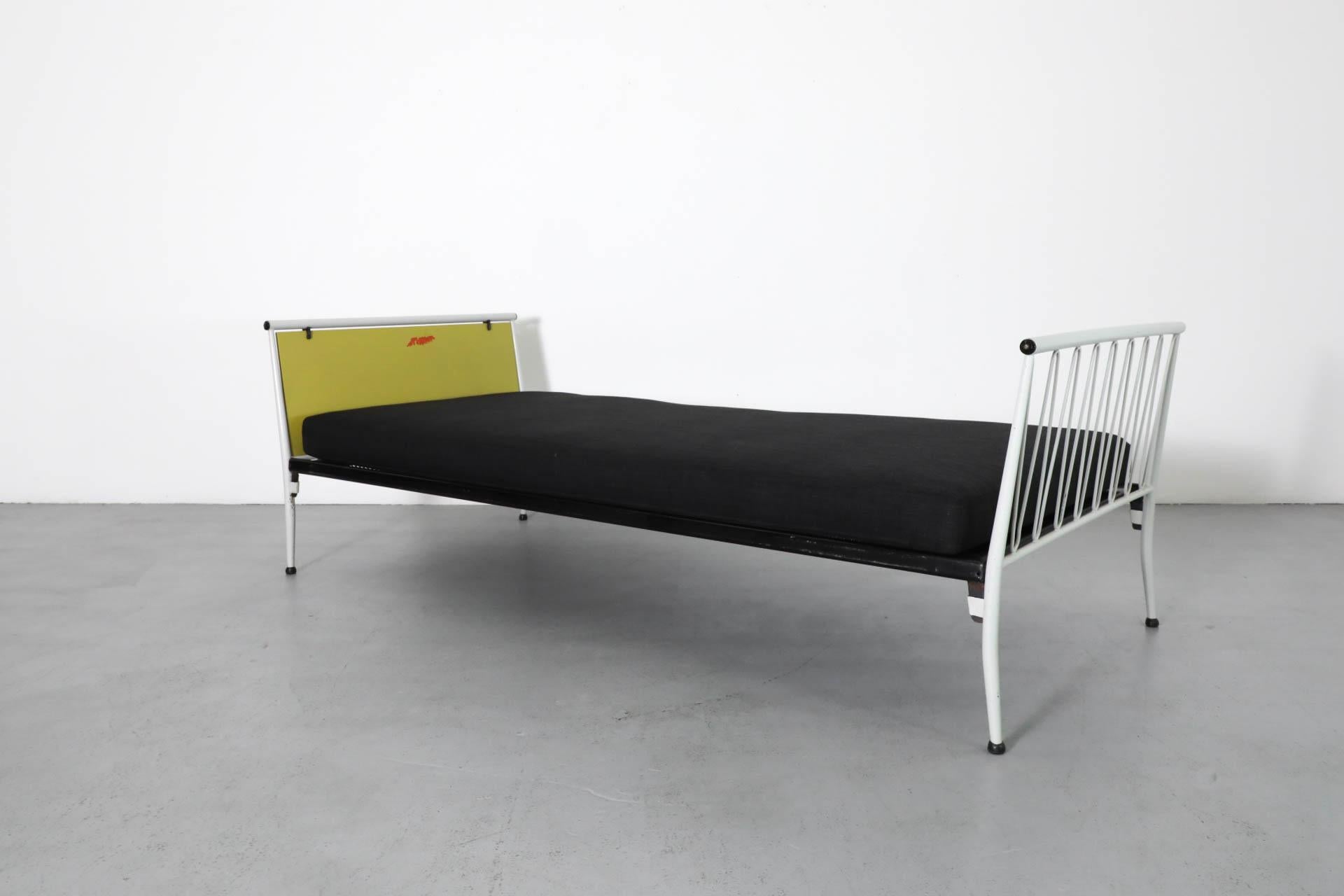 1950s Mategot Inspired Single Bed in Chartreuse & White with New Black Mattress For Sale 3