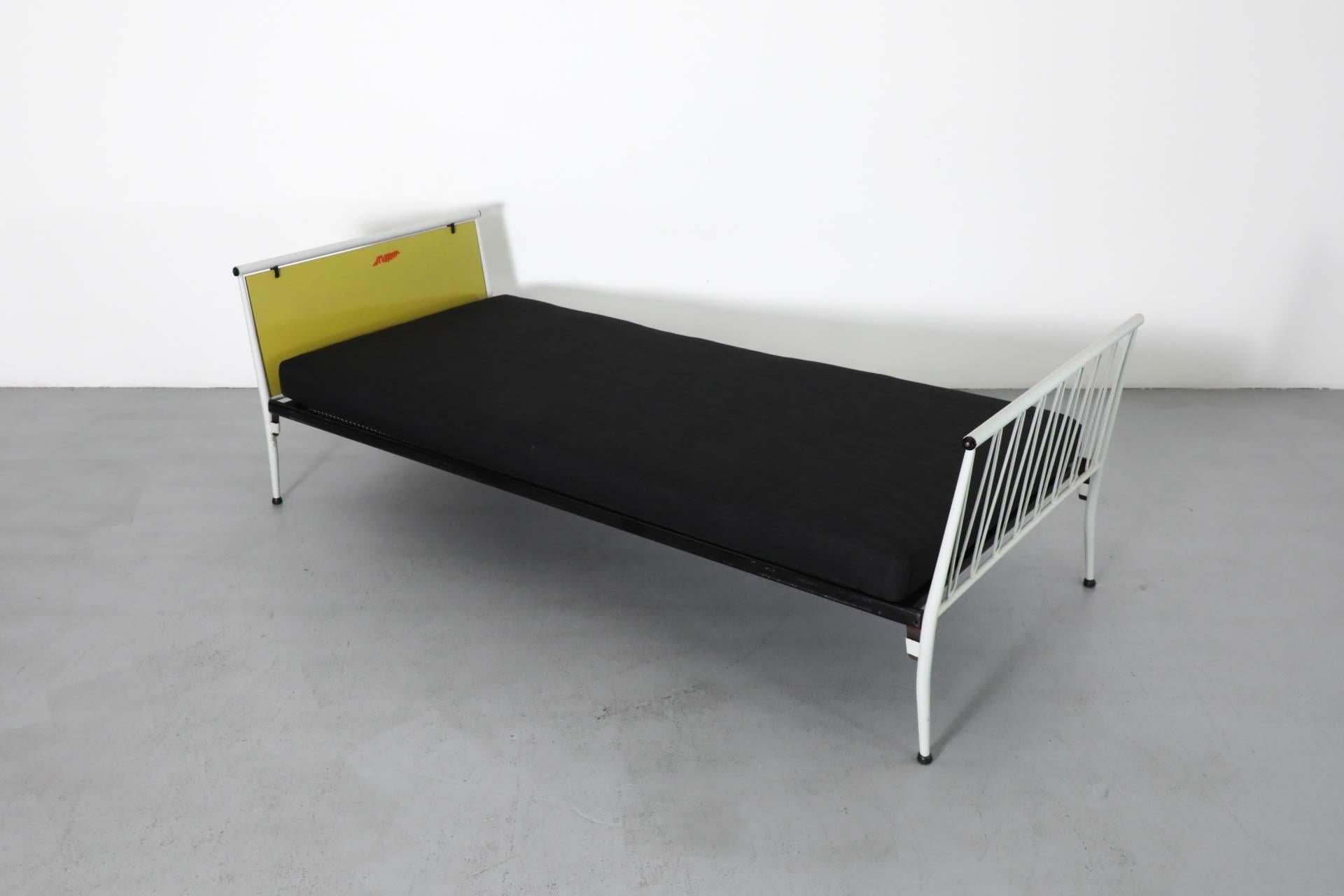 1950s Mategot Inspired Single Bed in Chartreuse & White with New Black Mattress For Sale 4