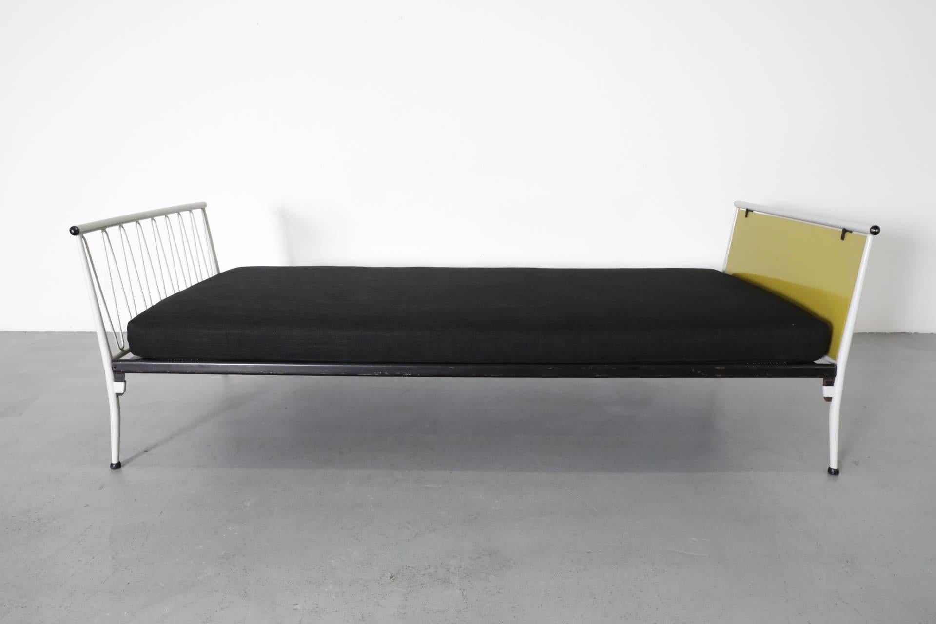 1950s Mategot Inspired Single Bed in Chartreuse & White with New Black Mattress For Sale 8