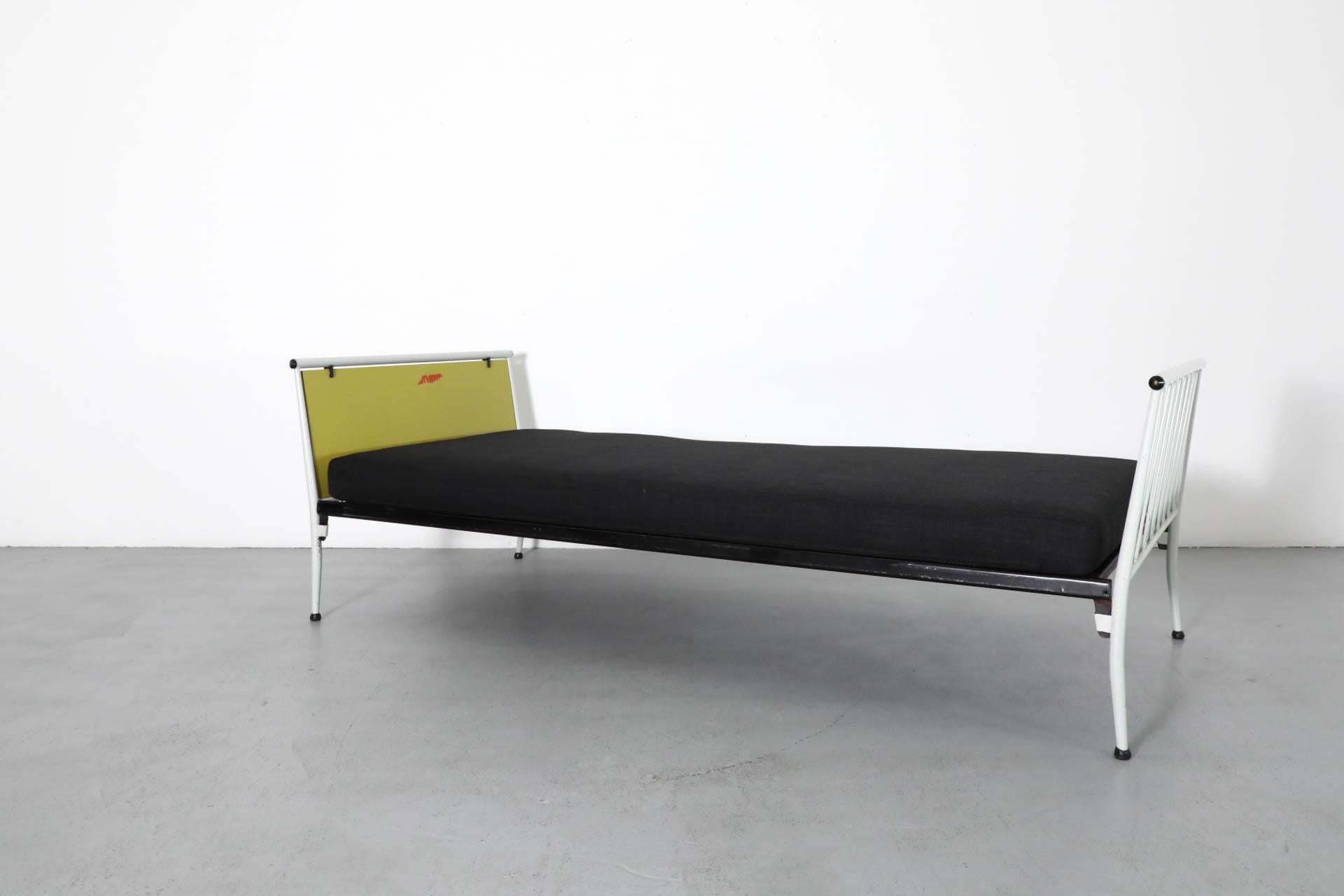 Mid-Century Modern 1950s Mategot Inspired Single Bed in Chartreuse & White with New Black Mattress For Sale