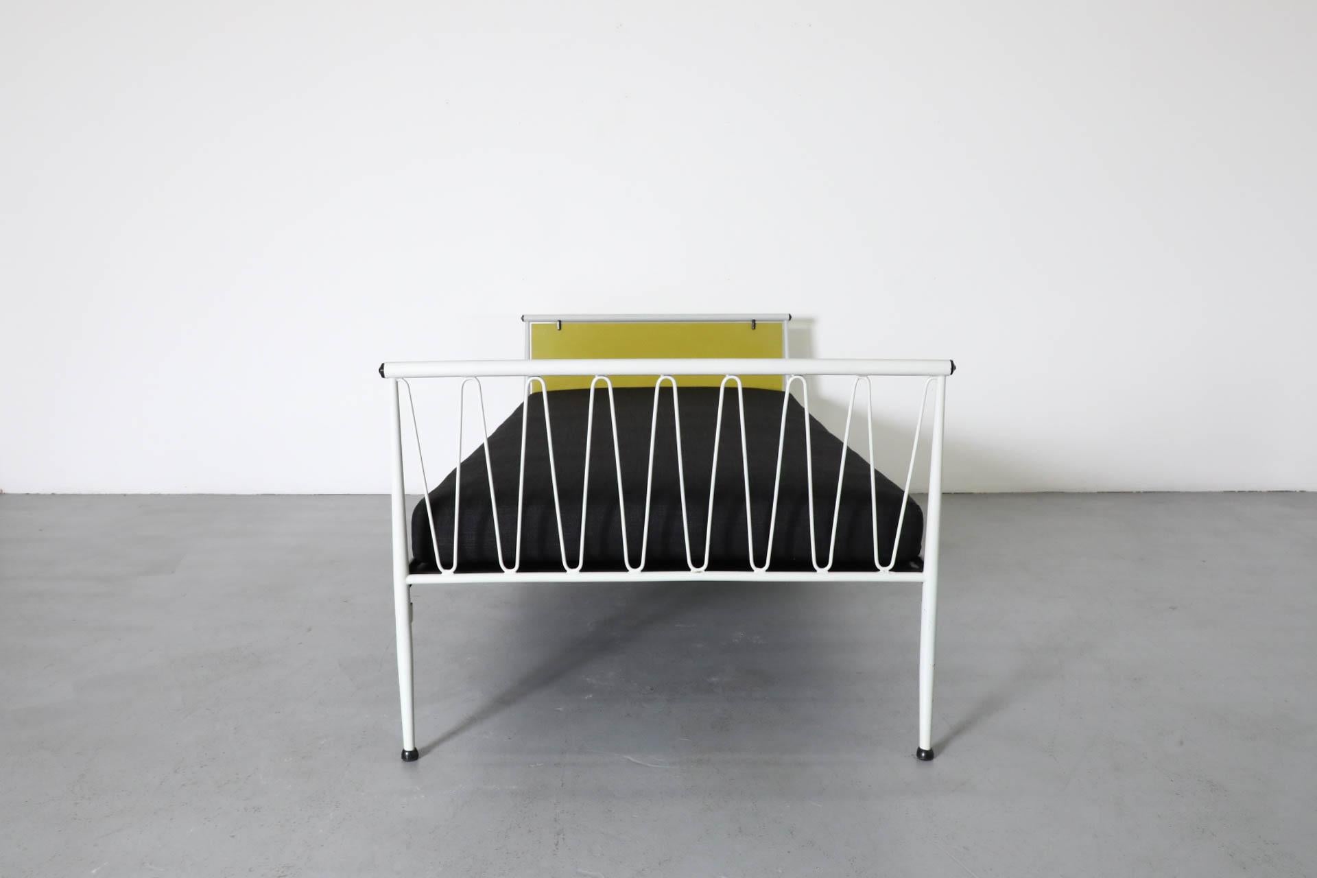 Mid-Century Modern 1950s Mategot Inspired Single Bed in Chartreuse & White with New Black Mattress For Sale