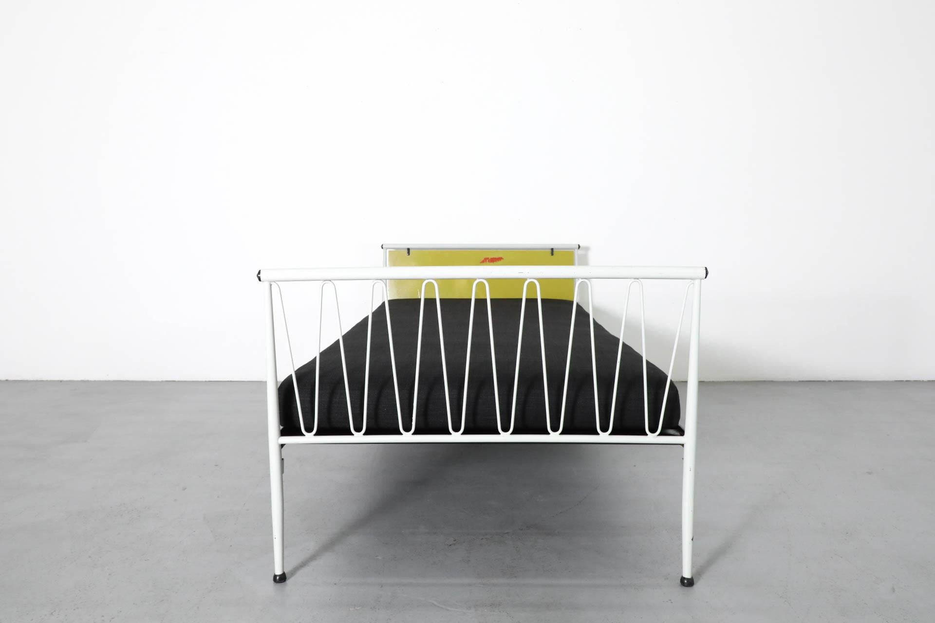 Dutch 1950s Mategot Inspired Single Bed in Chartreuse & White with New Black Mattress For Sale