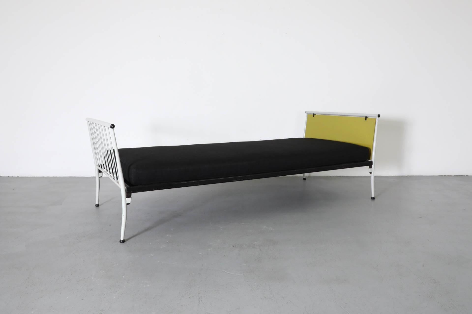 Dutch 1950s Mategot Inspired Single Bed in Chartreuse & White with New Black Mattress For Sale