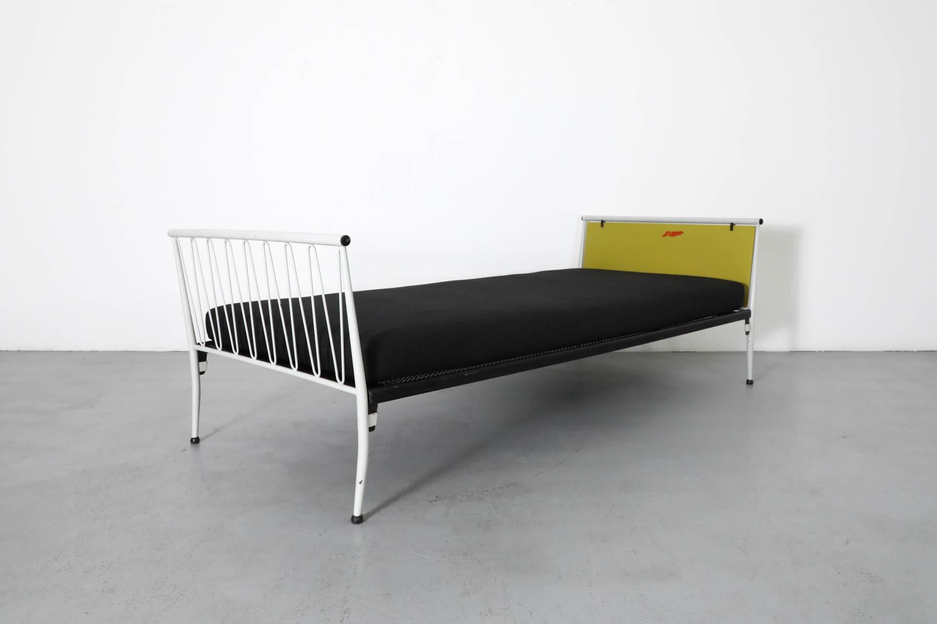 Enameled 1950s Mategot Inspired Single Bed in Chartreuse & White with New Black Mattress For Sale