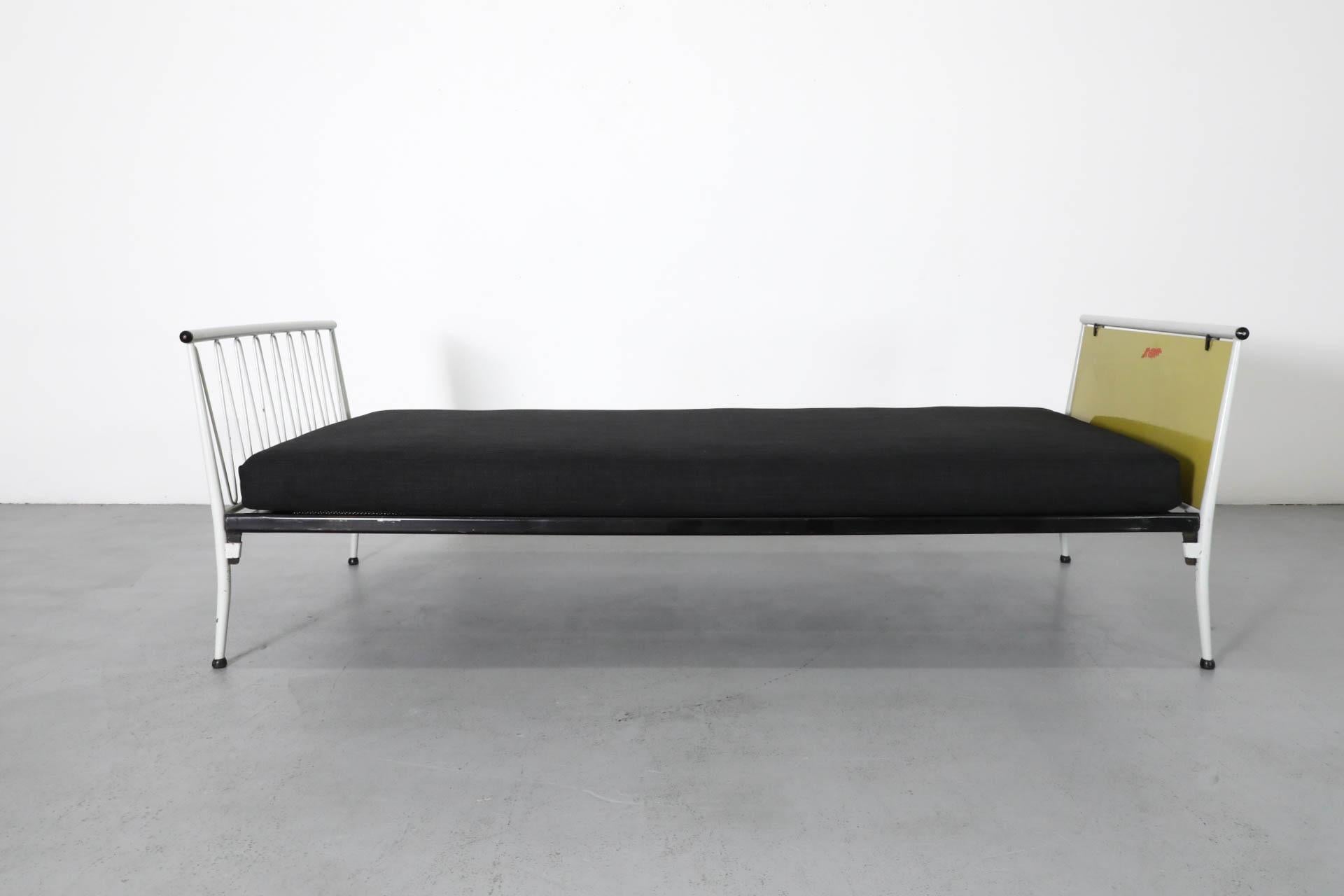 1950s Mategot Inspired Single Bed in Chartreuse & White with New Black Mattress In Good Condition For Sale In Los Angeles, CA