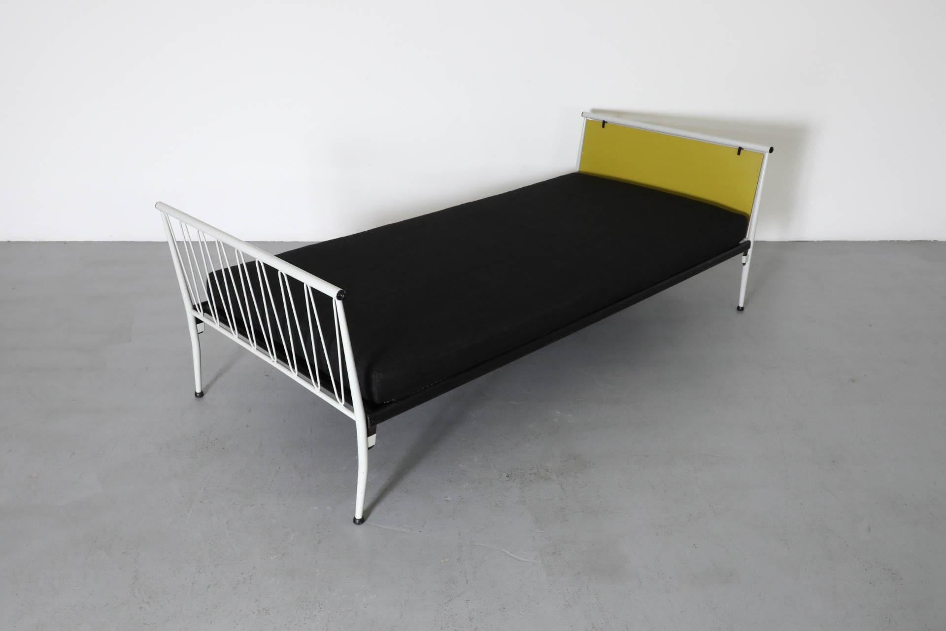 1950s Mategot Inspired Single Bed in Chartreuse & White with New Black Mattress In Good Condition For Sale In Los Angeles, CA