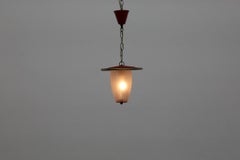 1950s Mategot Style Pendant Light, Perforated Brass, Striped Frosted Glass
