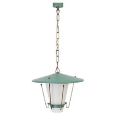 1950s Mategot Style Sea Foam Green "Lantern" Pendant with Milk Glass Shade