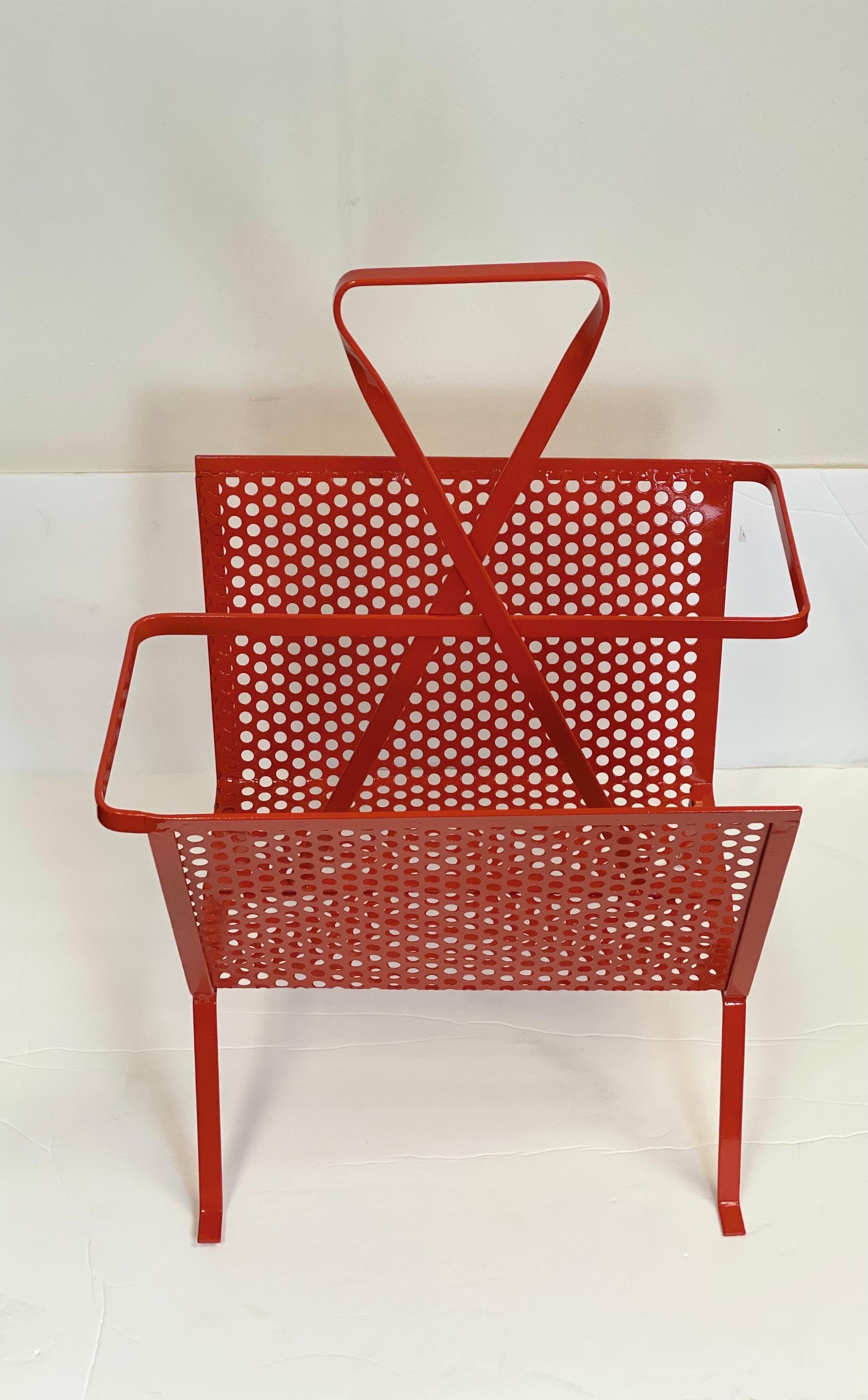 French 1950s Mathieu Matégot Red Perforated Metal Magazine Rack For Sale