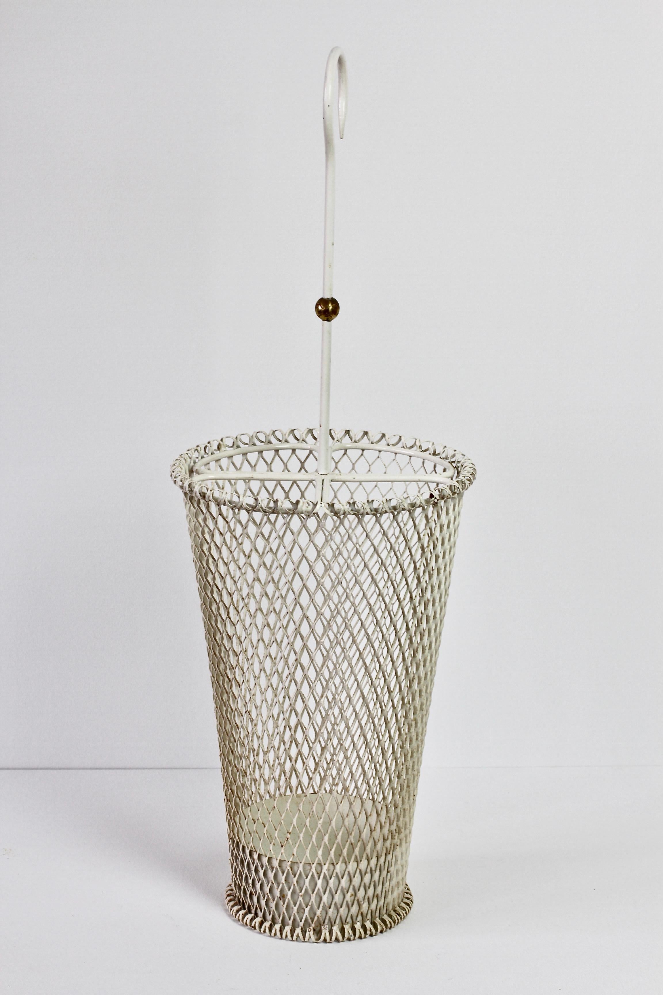 Enameled 1950s Mathieu Matégot Style French White Perforated Metal Umbrella Stand/Holder
