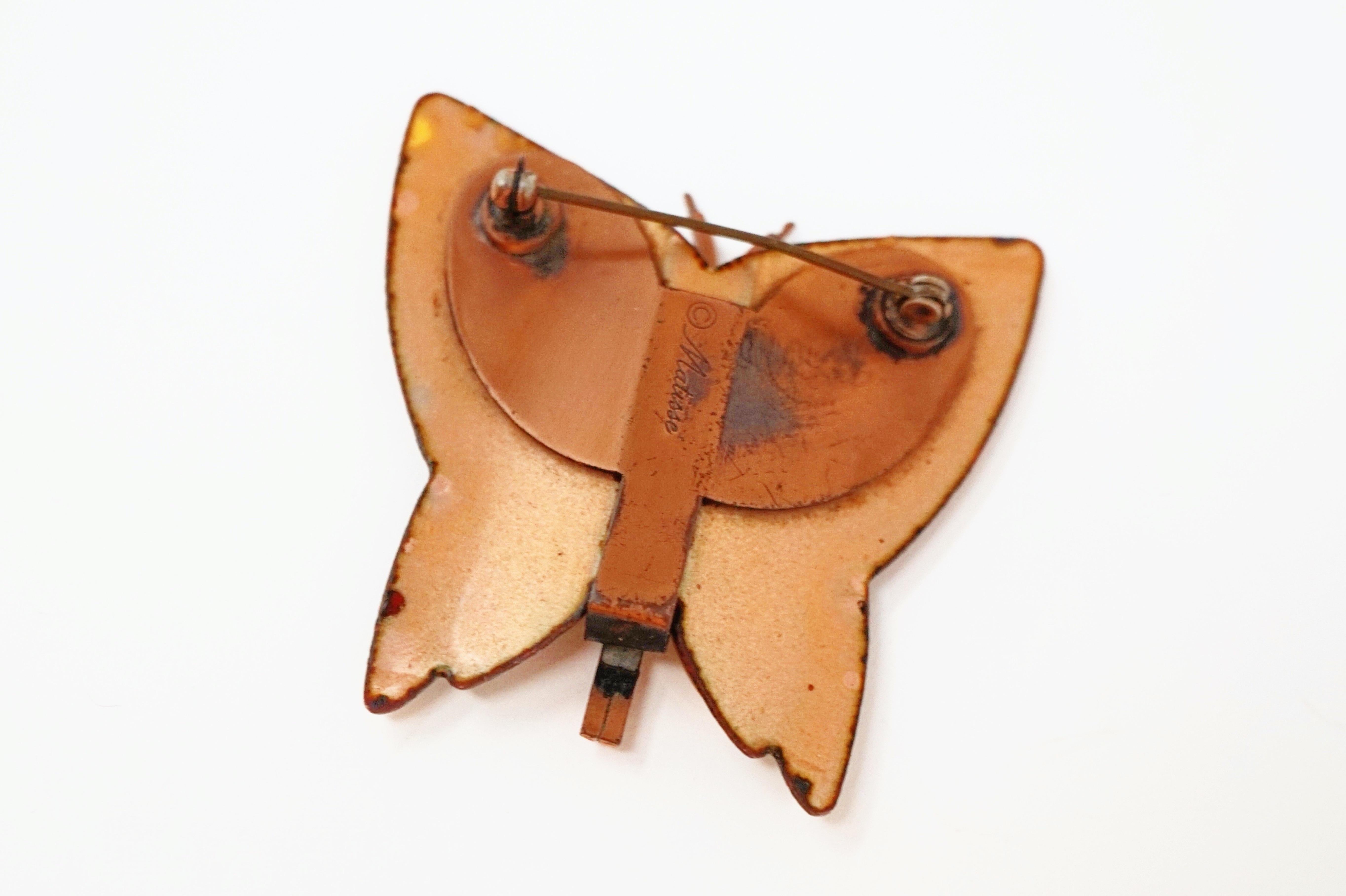 1950s Matisse Renoir Copper & Enamel Butterfly Brooch, Signed For Sale 2