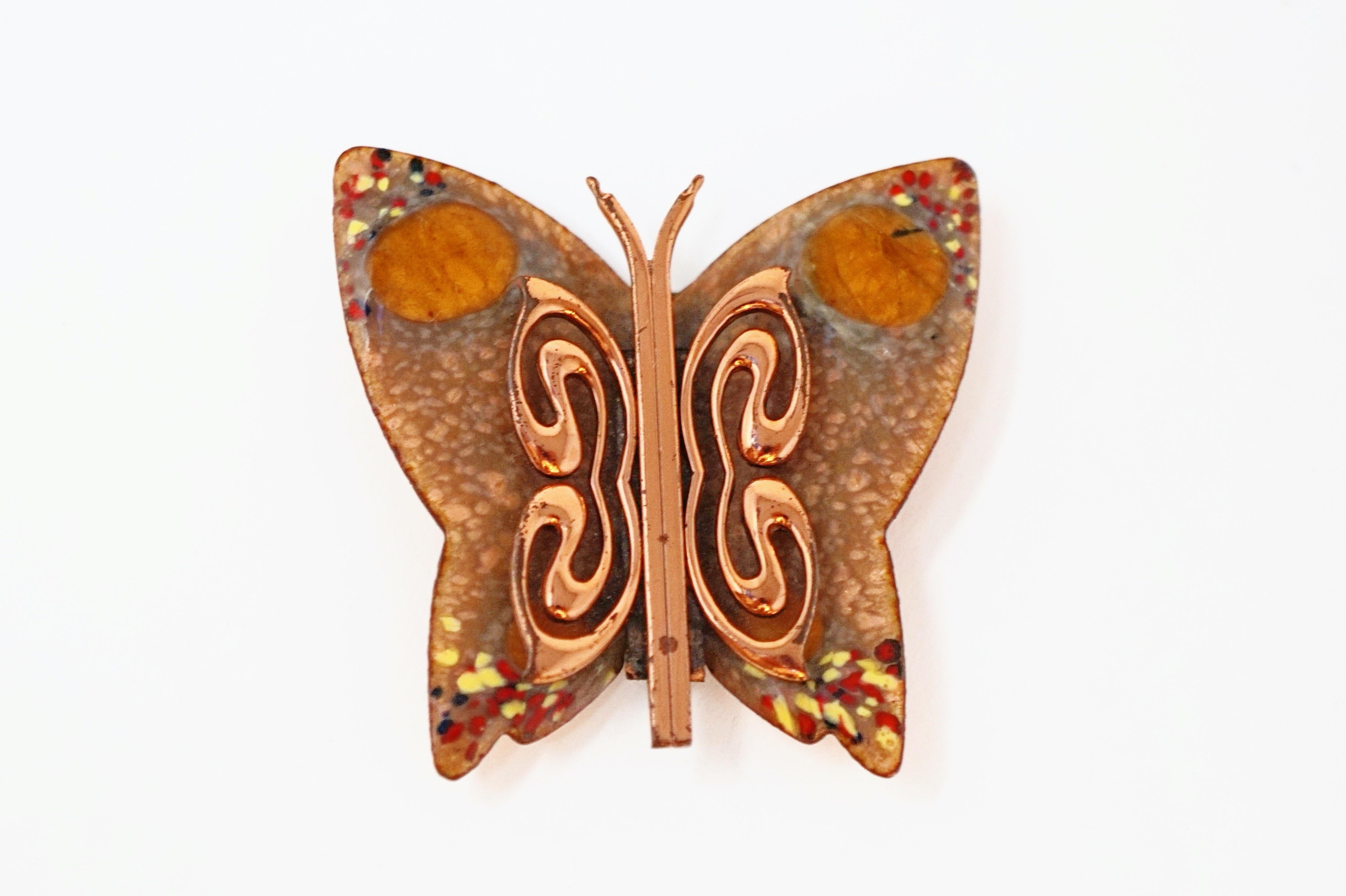 Modern 1950s Matisse Renoir Copper & Enamel Butterfly Brooch, Signed For Sale