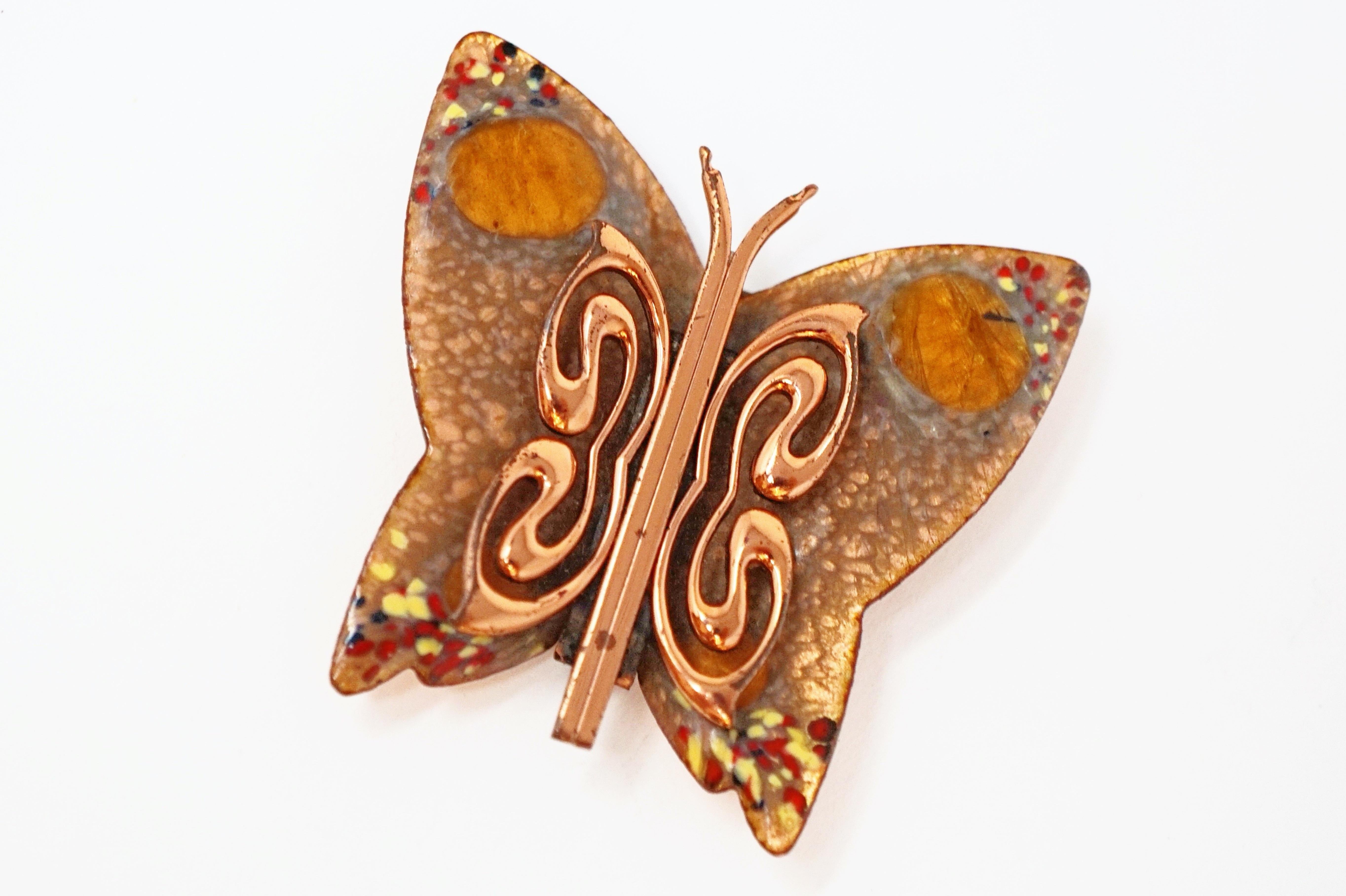 1950s Matisse Renoir Copper & Enamel Butterfly Brooch, Signed In Good Condition For Sale In McKinney, TX