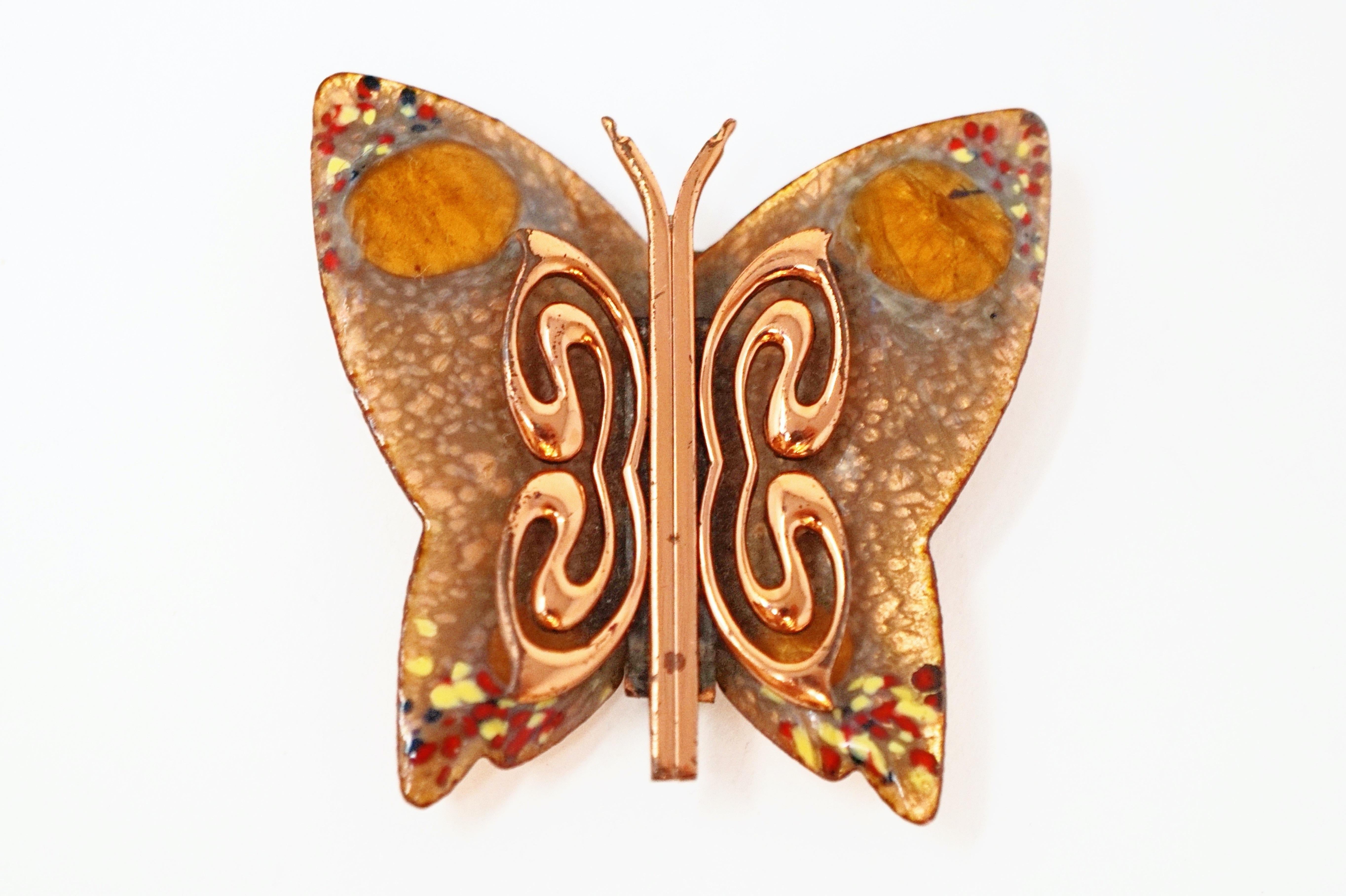 Women's 1950s Matisse Renoir Copper & Enamel Butterfly Brooch, Signed For Sale