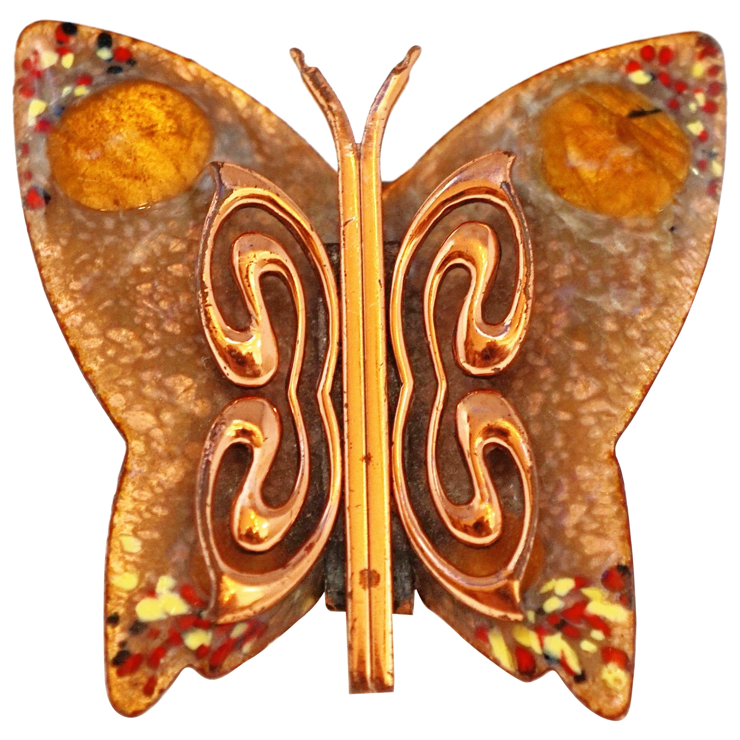1950s Matisse Renoir Copper & Enamel Butterfly Brooch, Signed