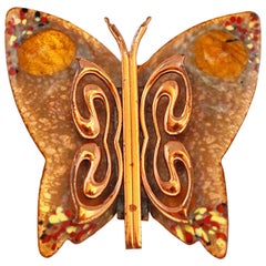 Vintage 1950s Matisse Renoir Copper & Enamel Butterfly Brooch, Signed