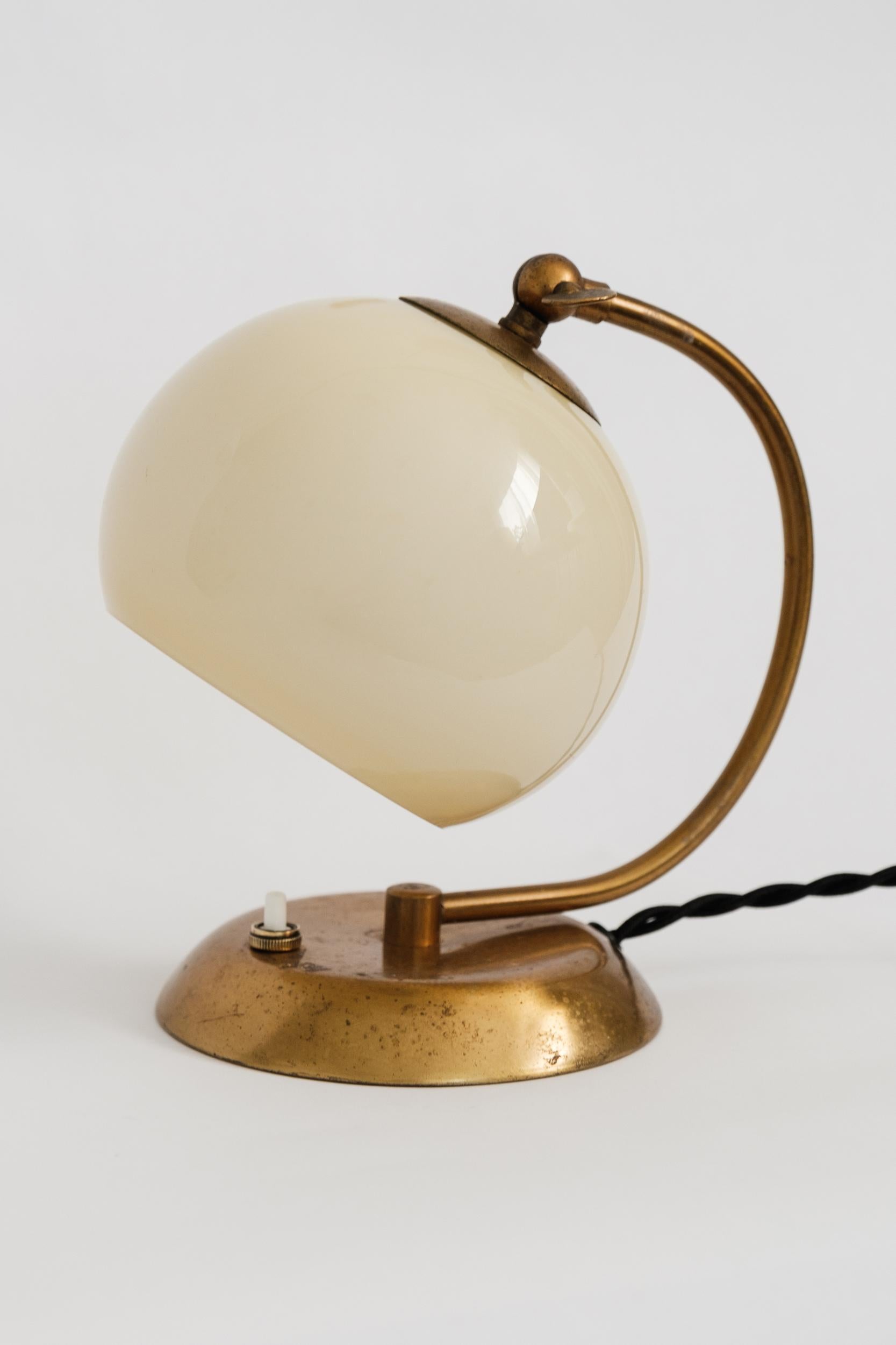Finnish 1950s Mauri Almari Brass and Opaline Glass Table Lamp for Idman Oy