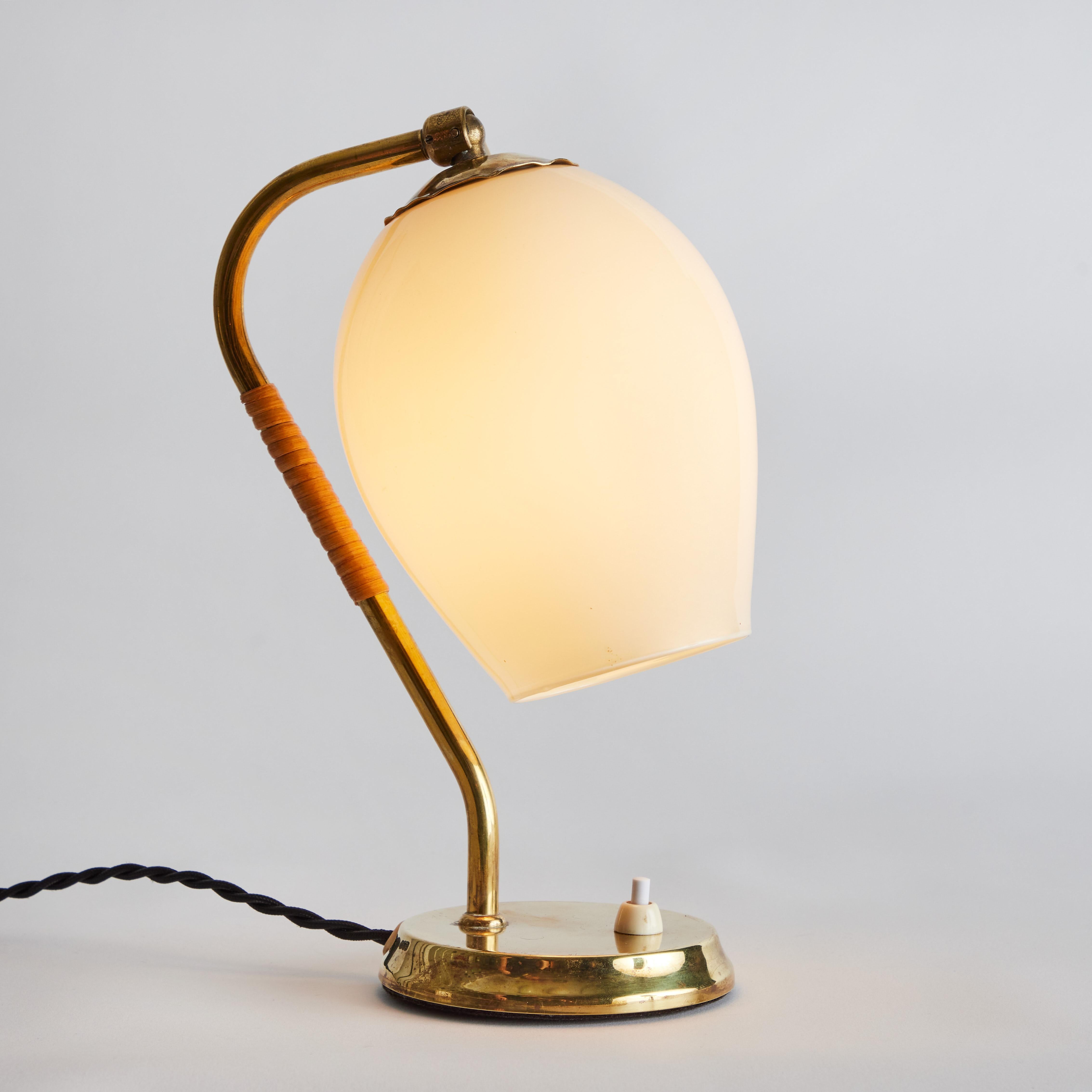 Brass 1950s Mauri Almari Glass & Rattan Table Lamp for Idman Oy, Finland