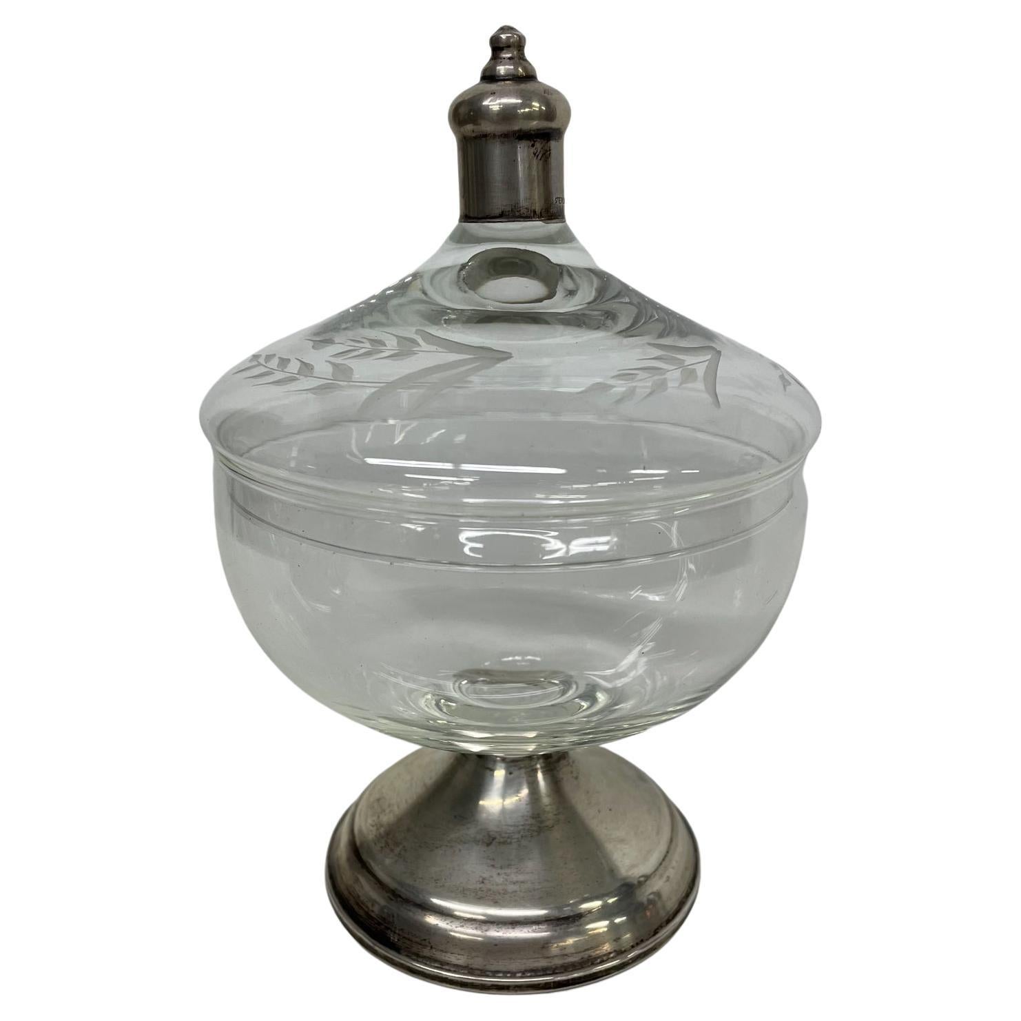 1950s Sterling Silver Glass Covered Candy Dish Maurice Duchin New York  For Sale