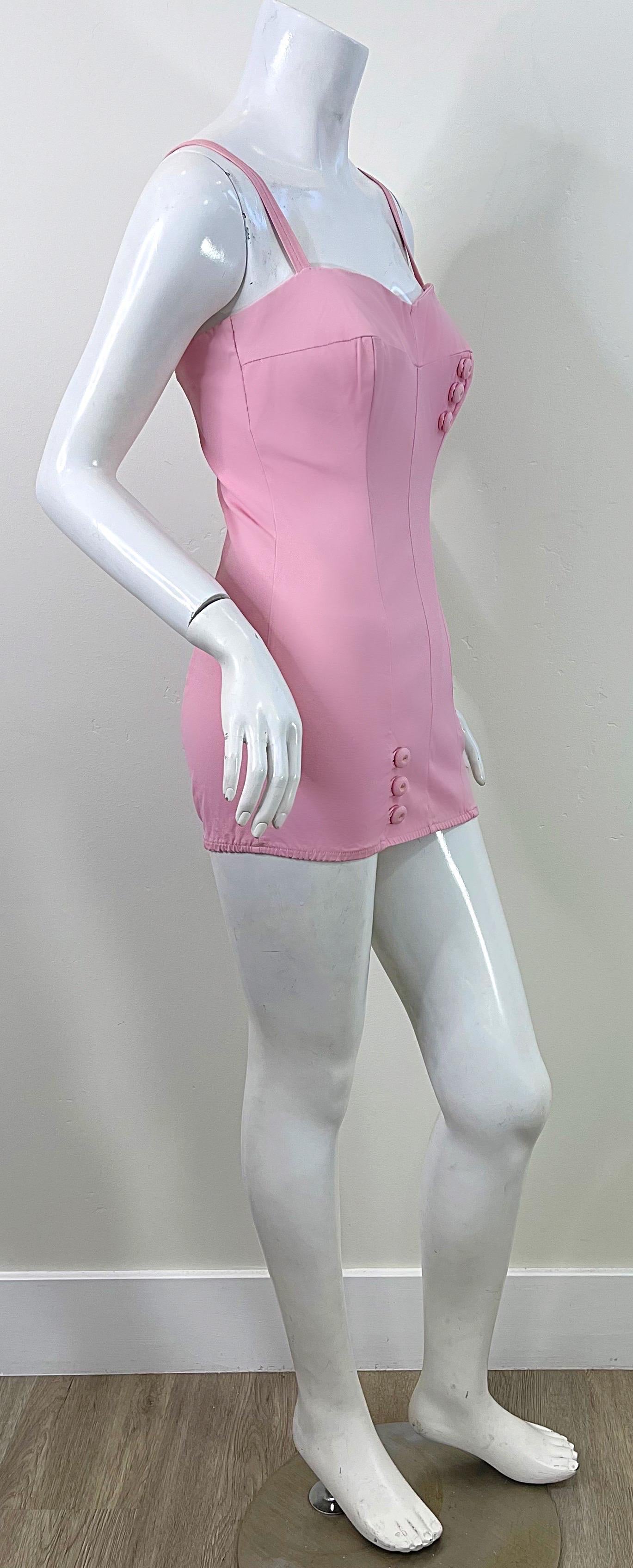 1950s Maurice Handler Bubblegum Pink One Piece Vintage 50s Bombshell Swimsuit For Sale 1