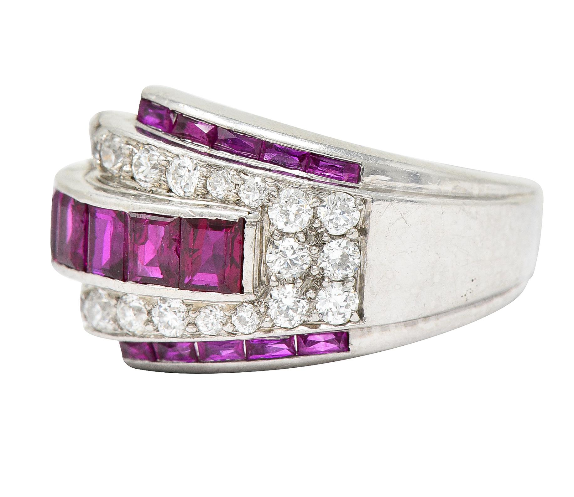 1950's Maurice Tishman Ruby Diamond Platinum Band Ring In Excellent Condition In Philadelphia, PA