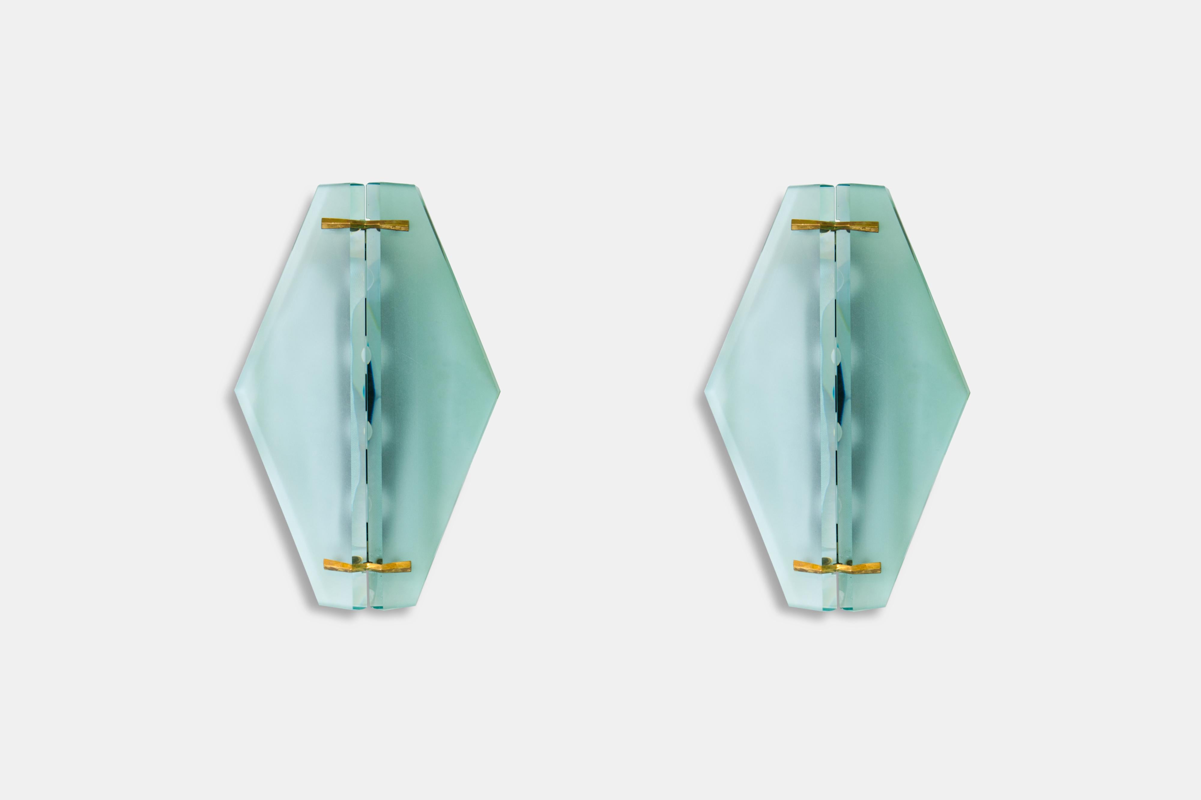 Apliques de pared Max Ingrand de los años 50 Apliques de cristal latón opalino Fontana Arte Azul Italiano en venta