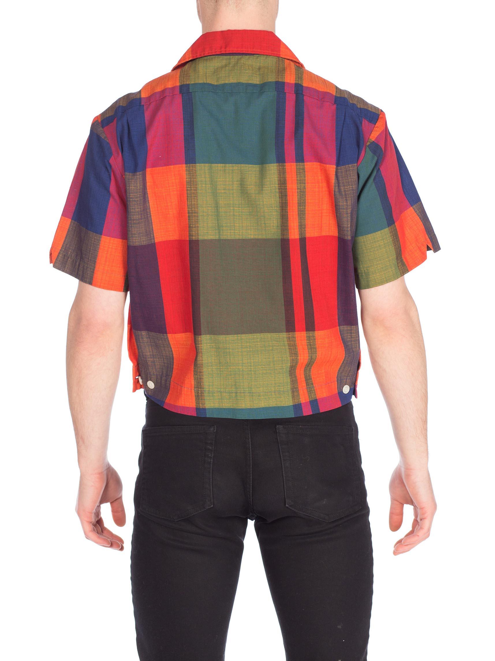 1950S MCGREGOR Orange & Blue Cotton Men's Zip Front Plaid Short Sleeve  Shirt J In Excellent Condition In New York, NY