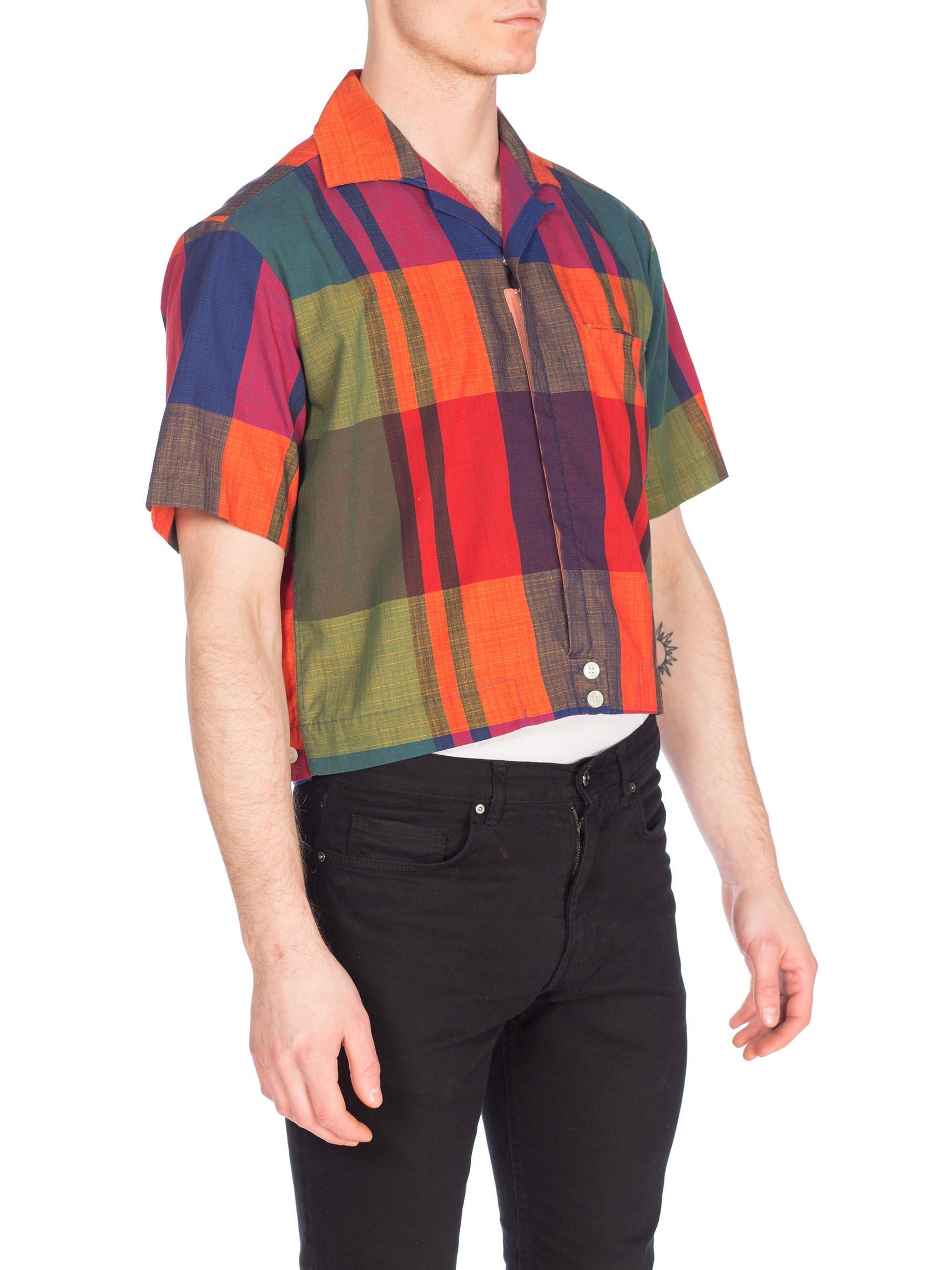 1950S MCGREGOR Orange & Blue Cotton Men's Zip Front Plaid Short Sleeve  Shirt J 4
